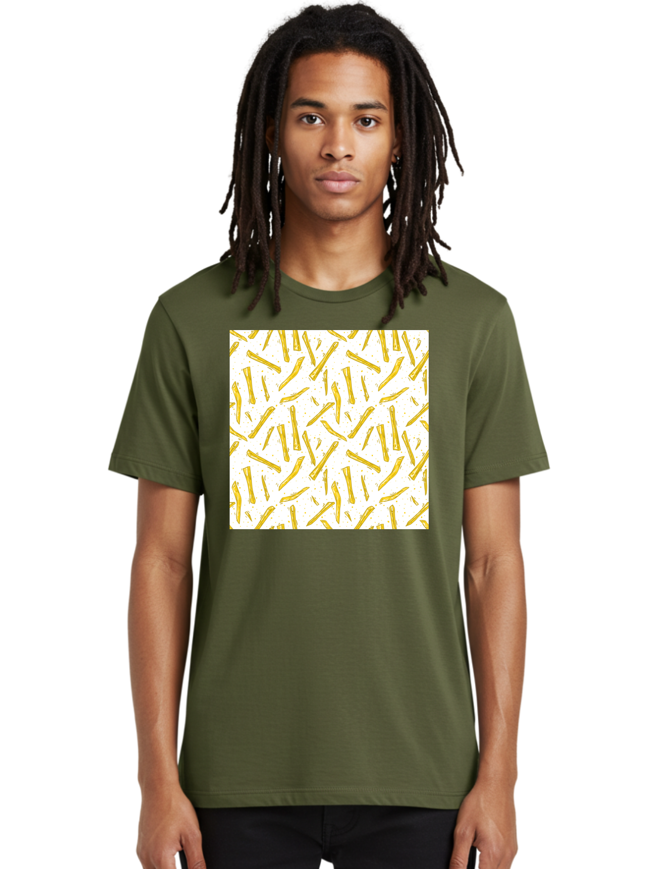 French-Fries-Pattern Men'S Graphic Tee, 100% Cotton, Comfortable Casual Summer Wear, Machine Washable, French Fries Pattern, Yellow Fries, White Background, Food Design, Snack Pattern, Restaurant Theme, Casual Dining, Appetizing Visuals, Aac393 6