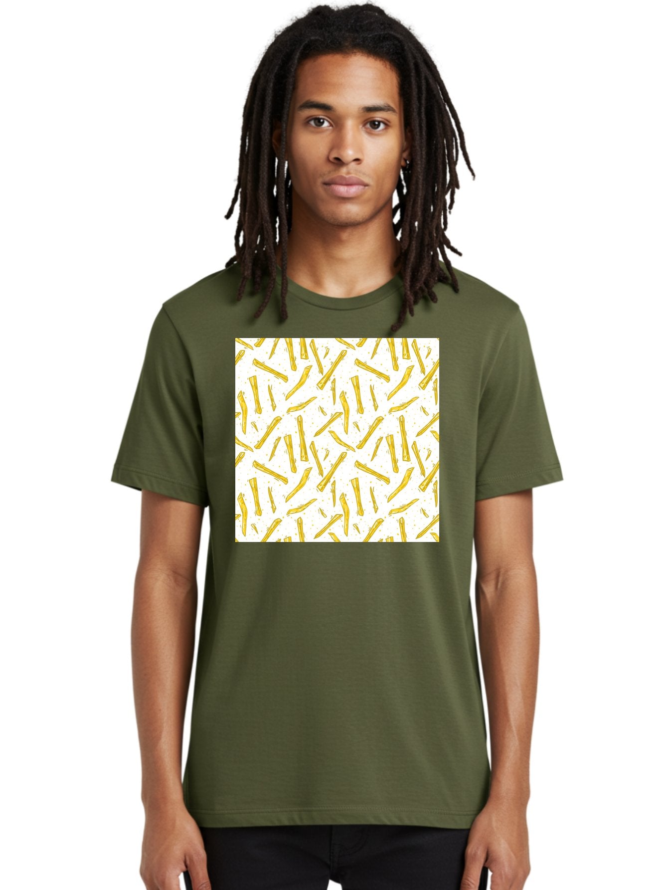 French-Fries-Pattern Men'S Graphic Tee, 100% Cotton, Comfortable Casual Summer Wear, Machine Washable, French Fries Pattern, Yellow Fries, White Background, Food Design, Snack Pattern, Restaurant Theme, Casual Dining, Appetizing Visuals, Aac393 28