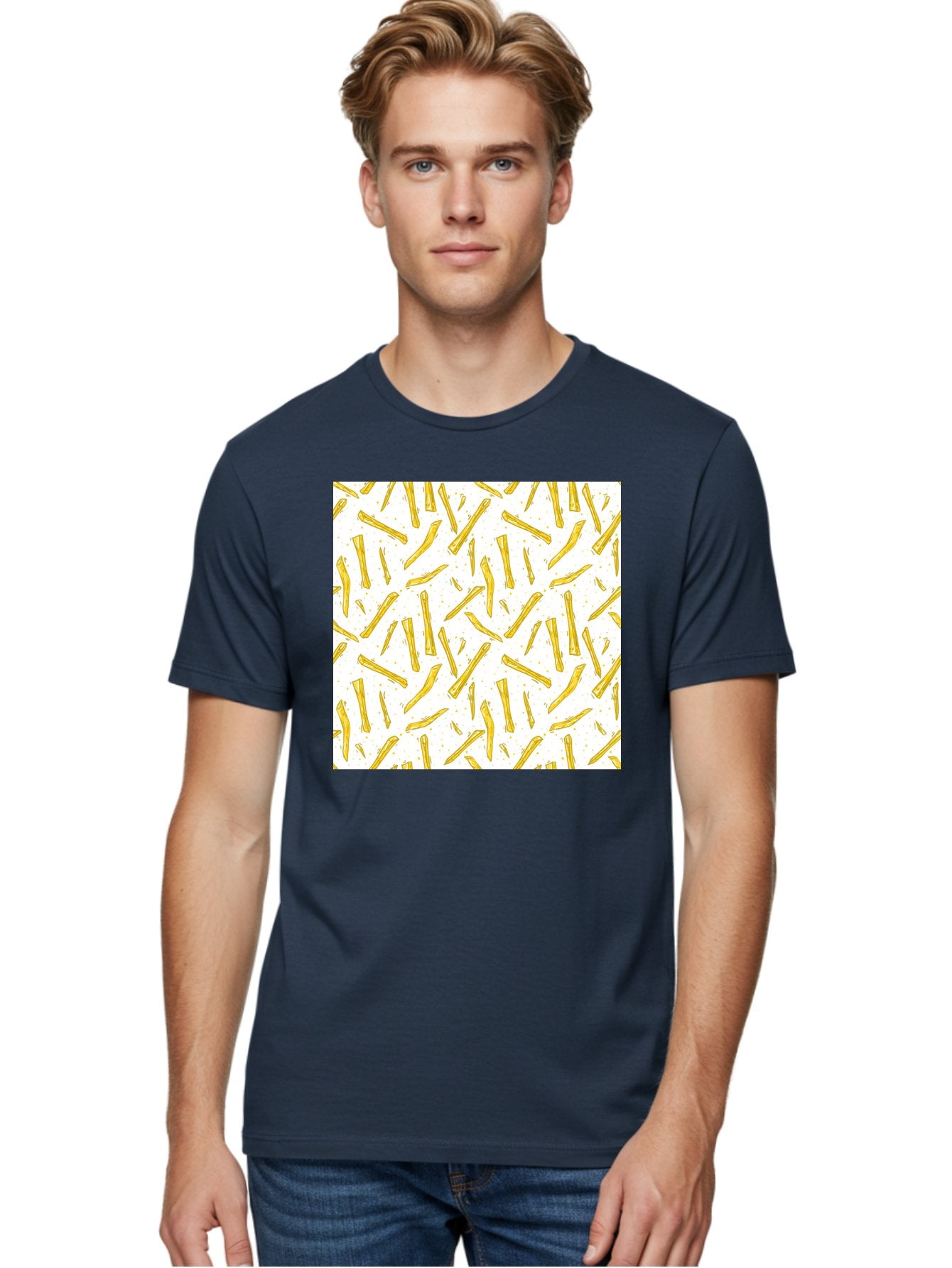 French-Fries-Pattern Men'S Graphic Tee, 100% Cotton, Comfortable Casual Summer Wear, Machine Washable, French Fries Pattern, Yellow Fries, White Background, Food Design, Snack Pattern, Restaurant Theme, Casual Dining, Appetizing Visuals, Aac393 27