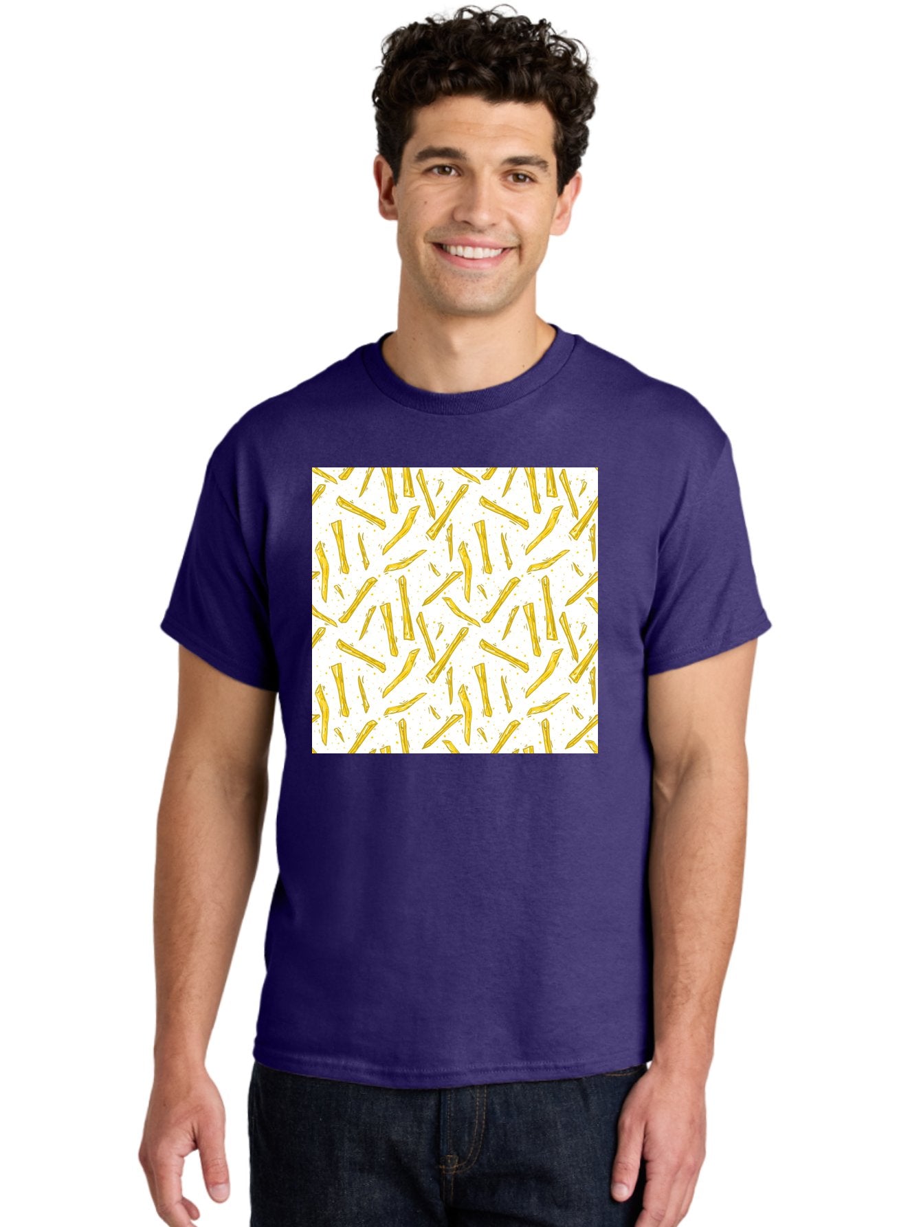 French-Fries-Pattern Men'S Graphic Tee, 100% Cotton, Comfortable Casual Summer Wear, Machine Washable, French Fries Pattern, Yellow Fries, White Background, Food Design, Snack Pattern, Restaurant Theme, Casual Dining, Appetizing Visuals, Aac393 26
