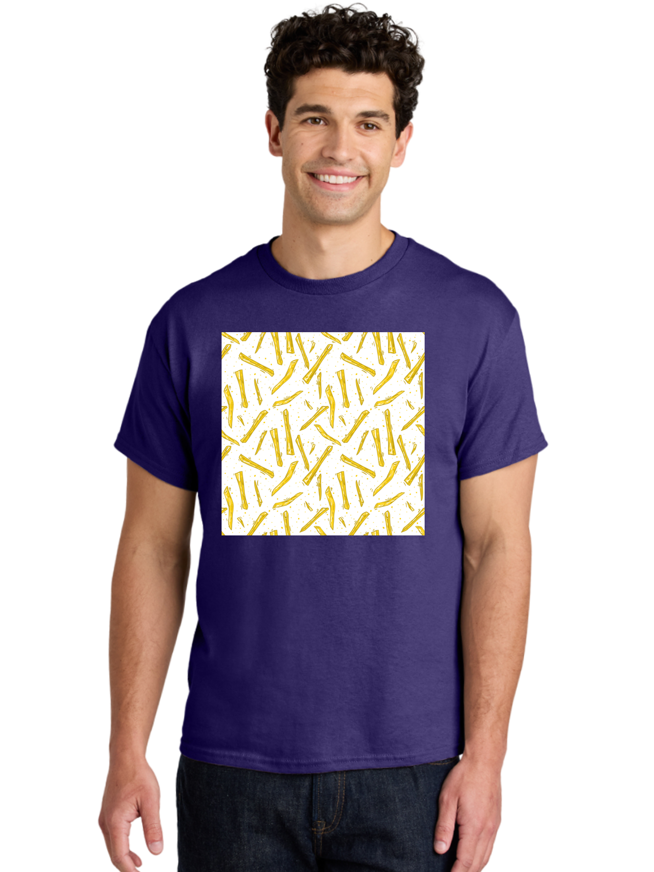 French-Fries-Pattern Men'S Graphic Tee, 100% Cotton, Comfortable Casual Summer Wear, Machine Washable, French Fries Pattern, Yellow Fries, White Background, Food Design, Snack Pattern, Restaurant Theme, Casual Dining, Appetizing Visuals, Aac393 10