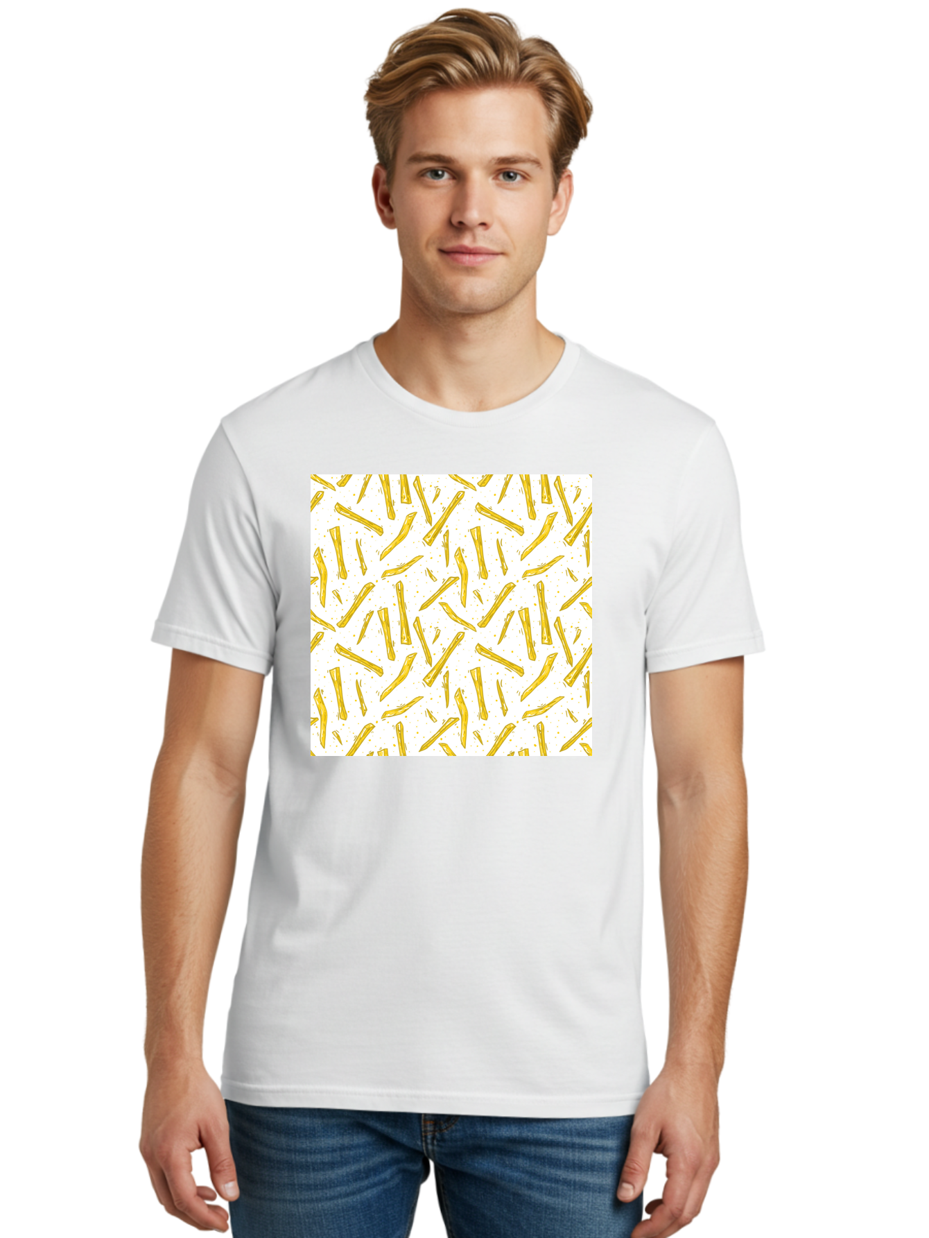 French-Fries-Pattern Men'S Graphic Tee, 100% Cotton, Comfortable Casual Summer Wear, Machine Washable, French Fries Pattern, Yellow Fries, White Background, Food Design, Snack Pattern, Restaurant Theme, Casual Dining, Appetizing Visuals, Aac393 14