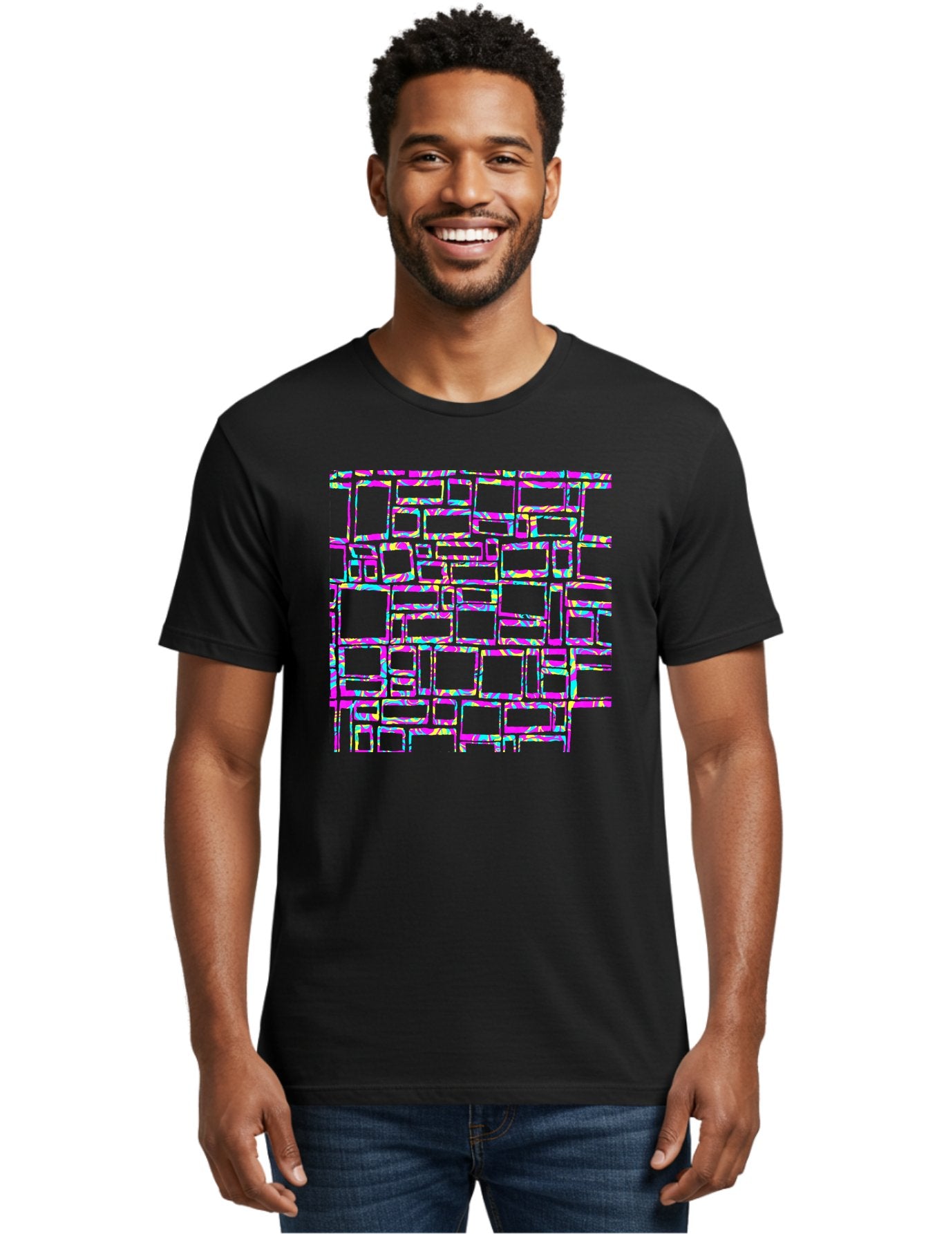 Glitch-Squares-Pattern Men'S Graphic Tee, 100% Cotton, Comfortable Casual Summer Wear, Machine Washable, Glitch Art, Distorted Rectangles, Neon Colors, Vibrant Hues, Abstract Pattern, Digital Distortion, Futuristic Design, Error Aesthetic, Aac394 16