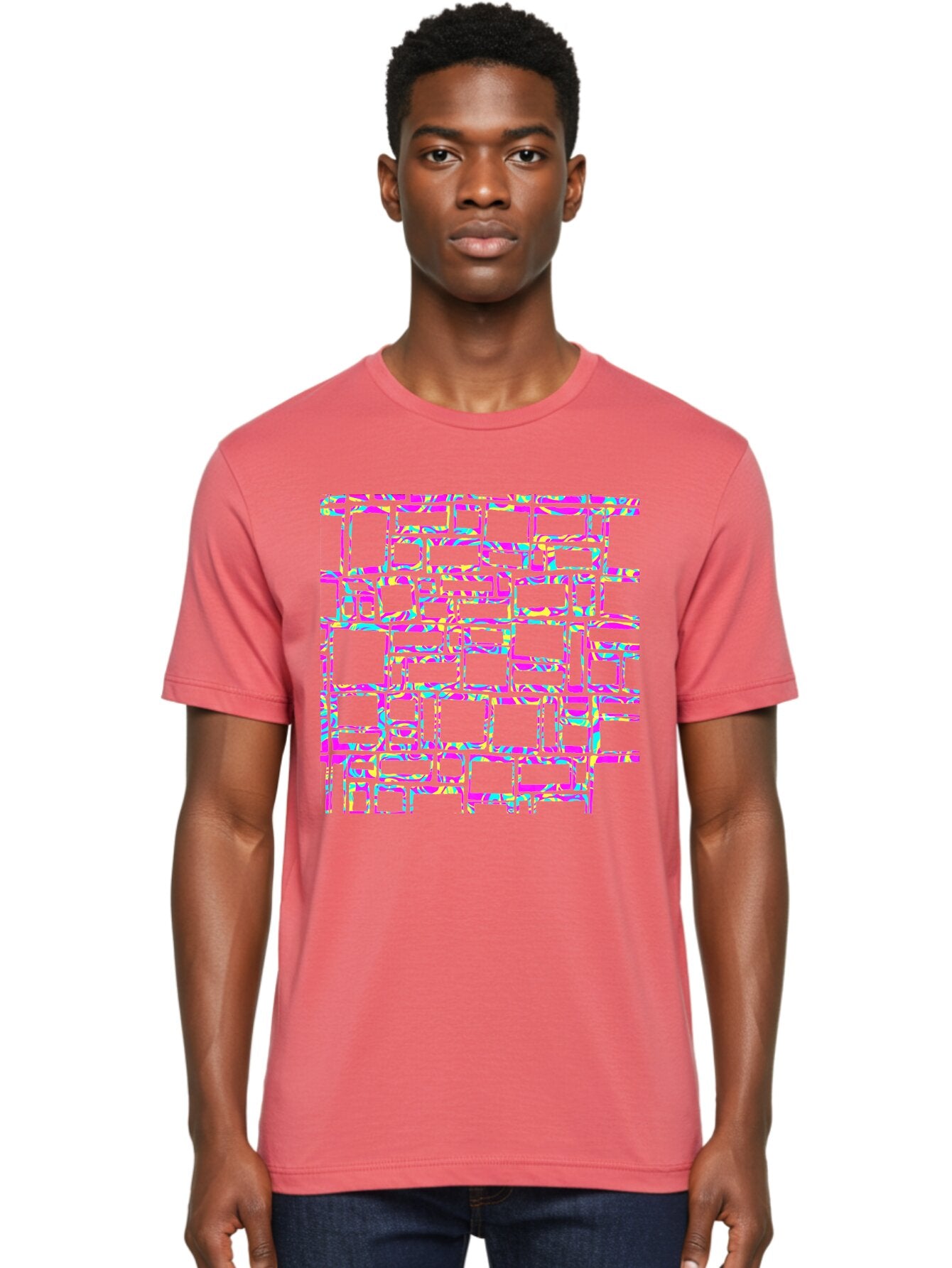 Glitch-Squares-Pattern Men'S Graphic Tee, 100% Cotton, Comfortable Casual Summer Wear, Machine Washable, Glitch Art, Distorted Rectangles, Neon Colors, Vibrant Hues, Abstract Pattern, Digital Distortion, Futuristic Design, Error Aesthetic, Aac394 22