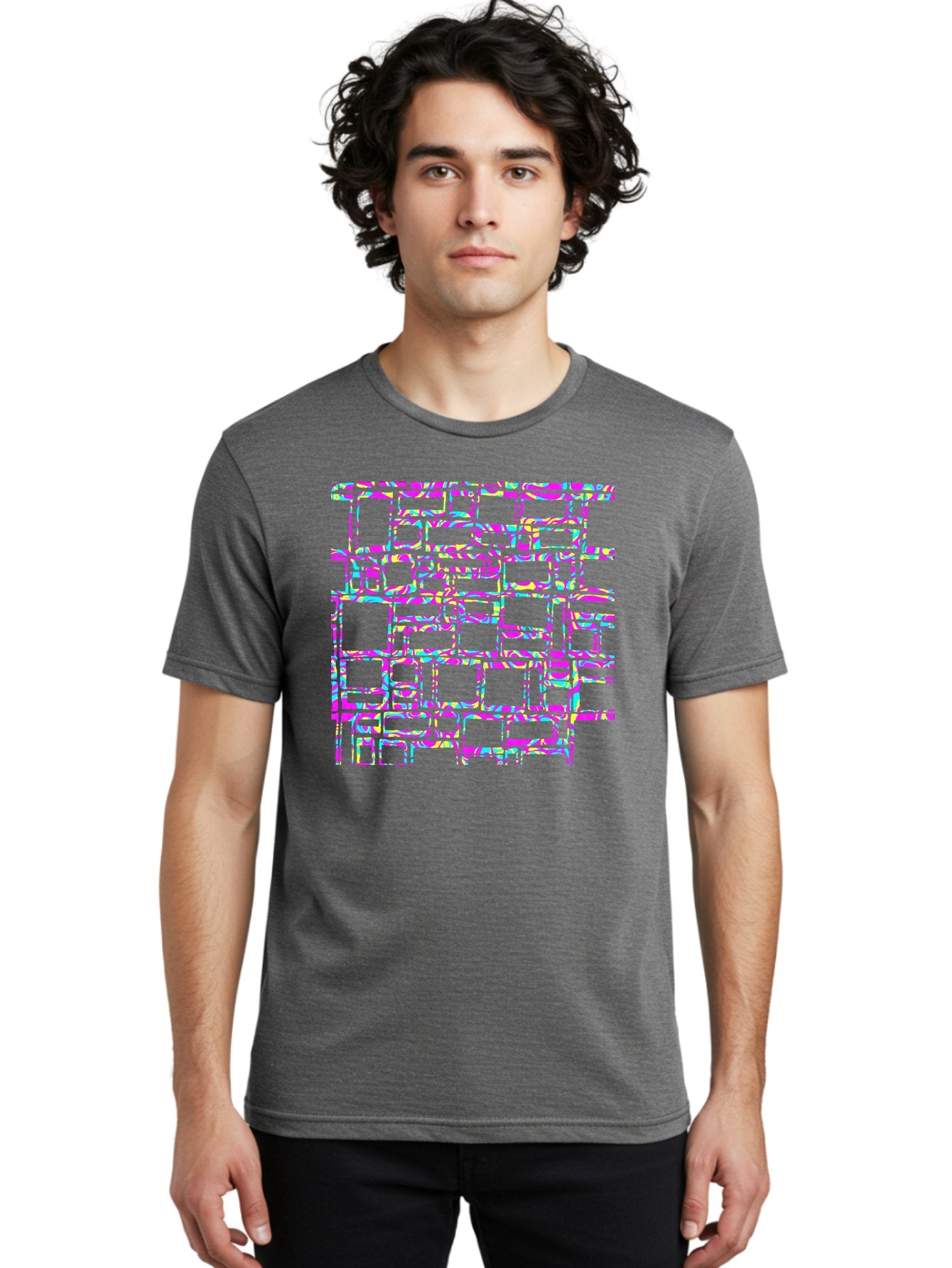 Glitch-Squares-Pattern Men'S Graphic Tee, 100% Cotton, Comfortable Casual Summer Wear, Machine Washable, Glitch Art, Distorted Rectangles, Neon Colors, Vibrant Hues, Abstract Pattern, Digital Distortion, Futuristic Design, Error Aesthetic, Aac394 29