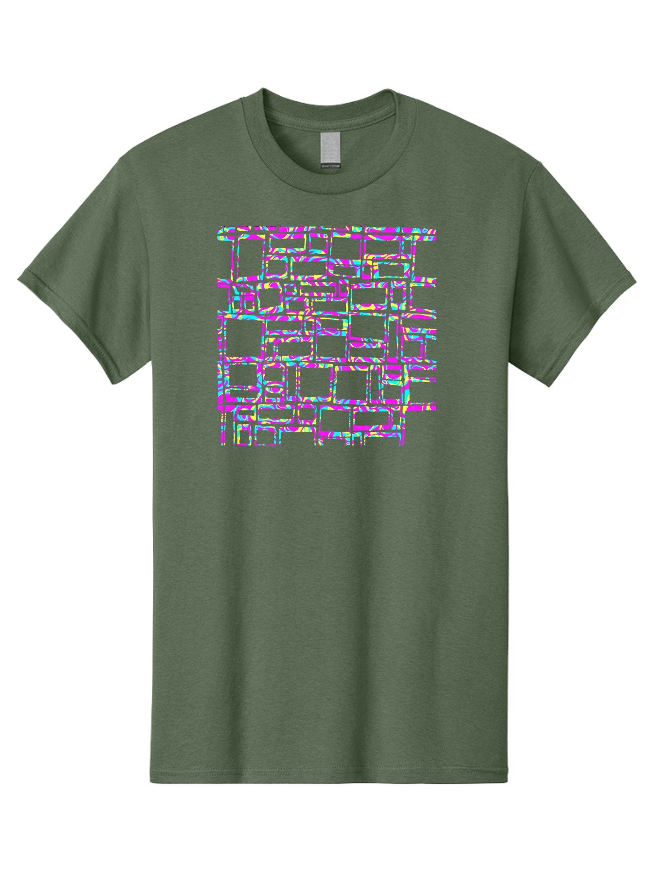 Glitch-Squares-Pattern Men'S Graphic Tee, 100% Cotton, Comfortable Casual Summer Wear, Machine Washable, Glitch Art, Distorted Rectangles, Neon Colors, Vibrant Hues, Abstract Pattern, Digital Distortion, Futuristic Design, Error Aesthetic, Aac394
