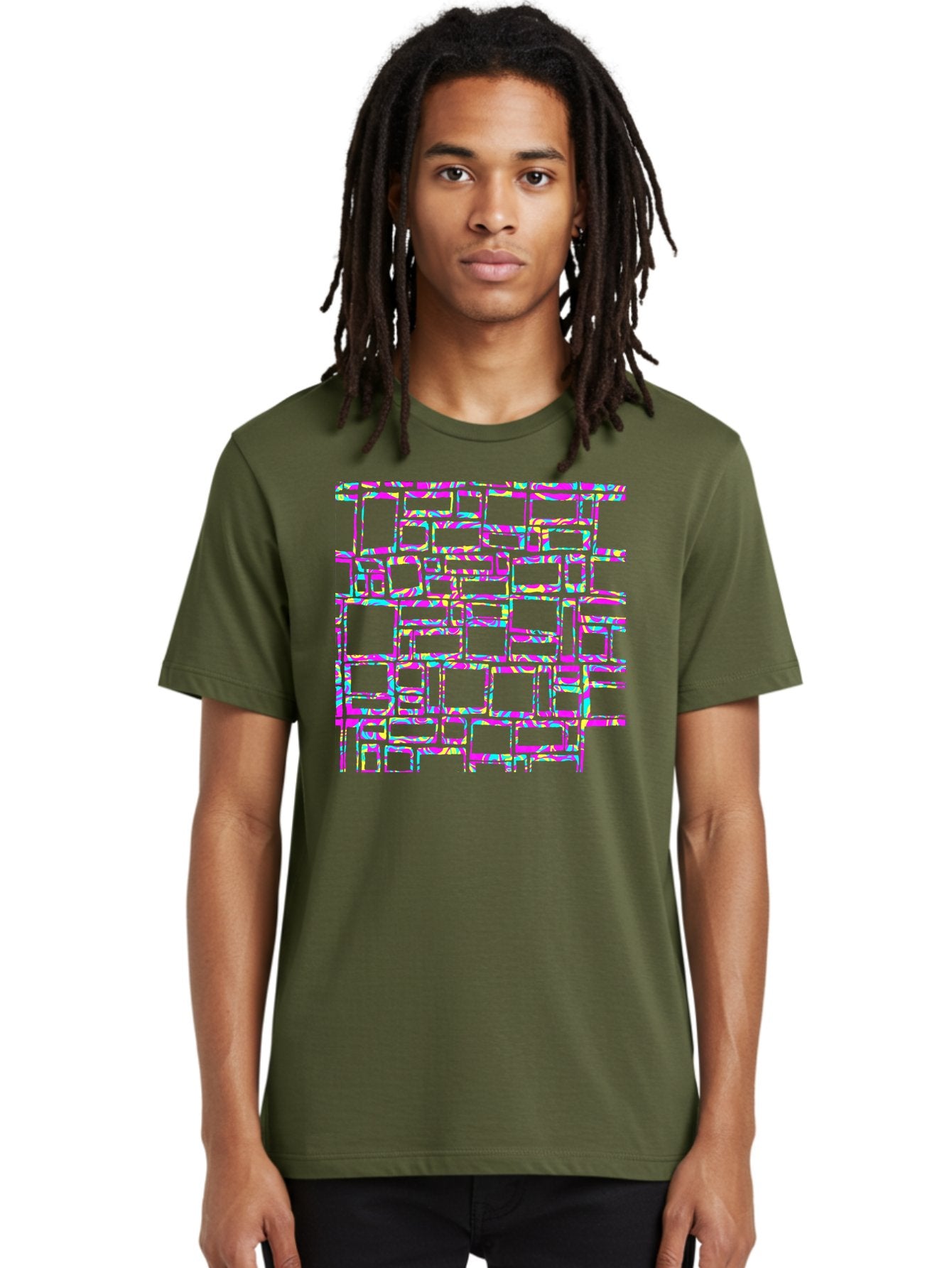 Glitch-Squares-Pattern Men'S Graphic Tee, 100% Cotton, Comfortable Casual Summer Wear, Machine Washable, Glitch Art, Distorted Rectangles, Neon Colors, Vibrant Hues, Abstract Pattern, Digital Distortion, Futuristic Design, Error Aesthetic, Aac394 19