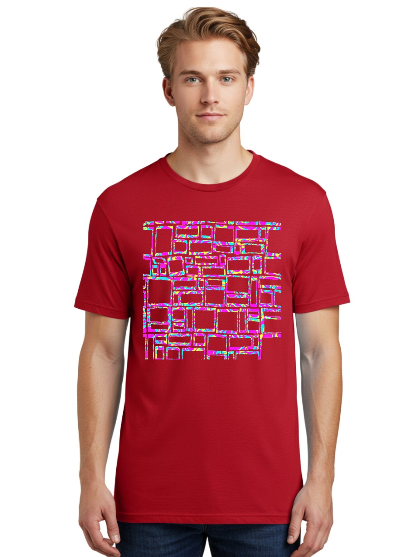 Glitch-Squares-Pattern Men'S Graphic Tee, 100% Cotton, Comfortable Casual Summer Wear, Machine Washable, Glitch Art, Distorted Rectangles, Neon Colors, Vibrant Hues, Abstract Pattern, Digital Distortion, Futuristic Design, Error Aesthetic, Aac394 28