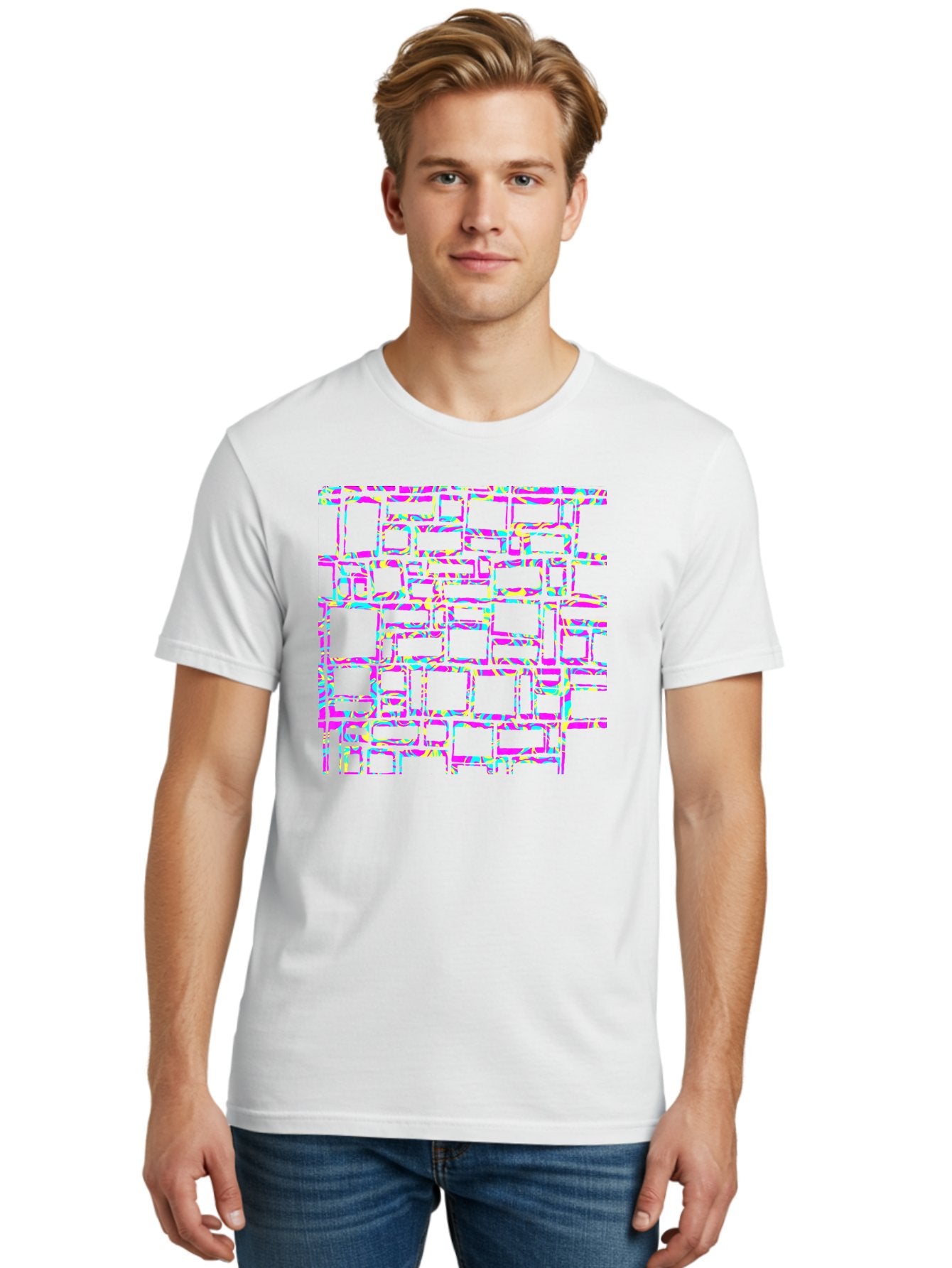 Glitch-Squares-Pattern Men'S Graphic Tee, 100% Cotton, Comfortable Casual Summer Wear, Machine Washable, Glitch Art, Distorted Rectangles, Neon Colors, Vibrant Hues, Abstract Pattern, Digital Distortion, Futuristic Design, Error Aesthetic, Aac394 20