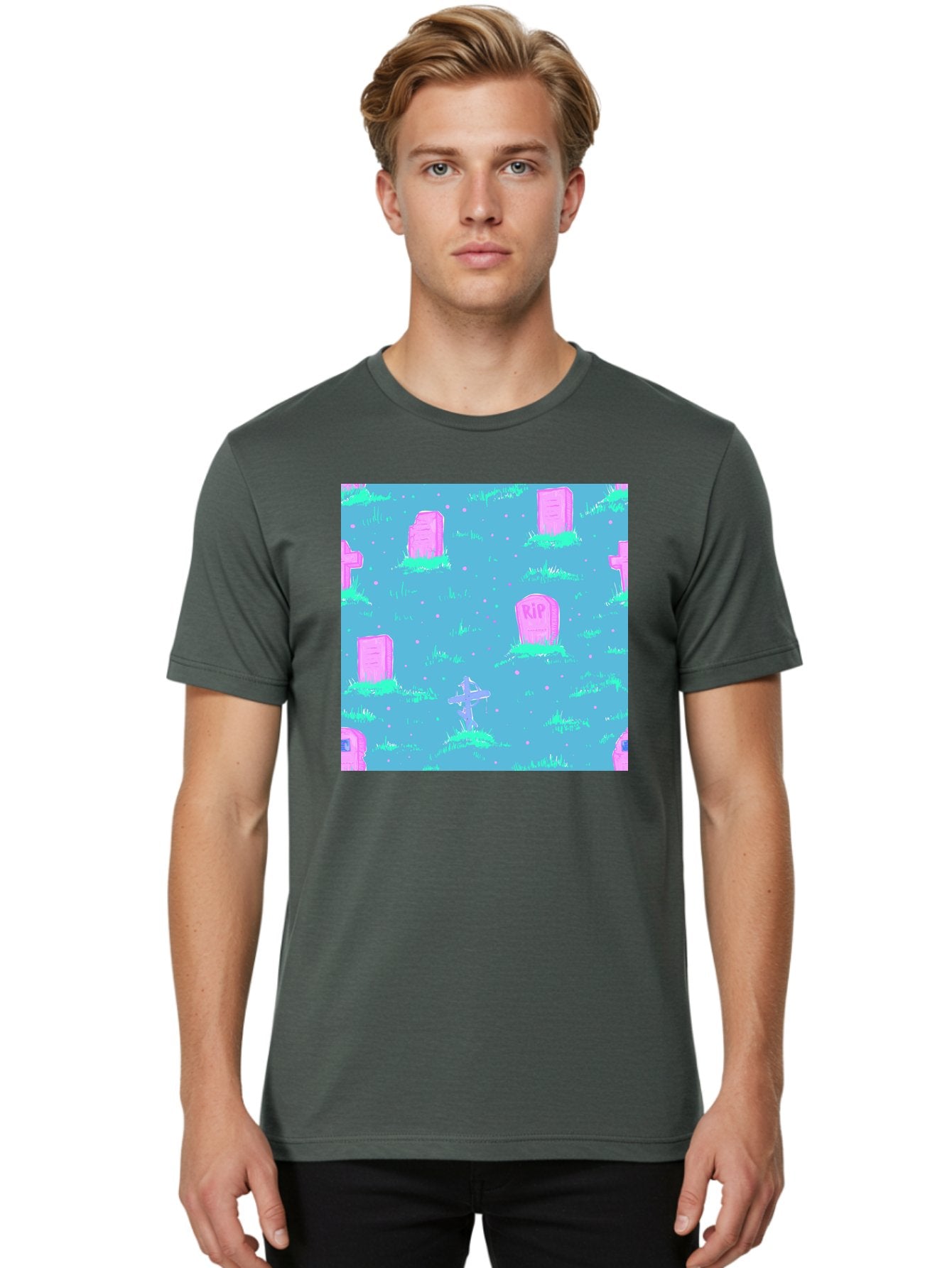 Graveyard-Pattern Men'S Graphic Tee, 100% Cotton, Comfortable Casual Summer Wear, Machine Washable, Tombstones With Rip, Graveyard Scene, Pastel Pink Headstones, Grassy Burial Grounds, Spooky Ambiance, Eerie Atmosphere, Ghostly Vibes, Aac395 29
