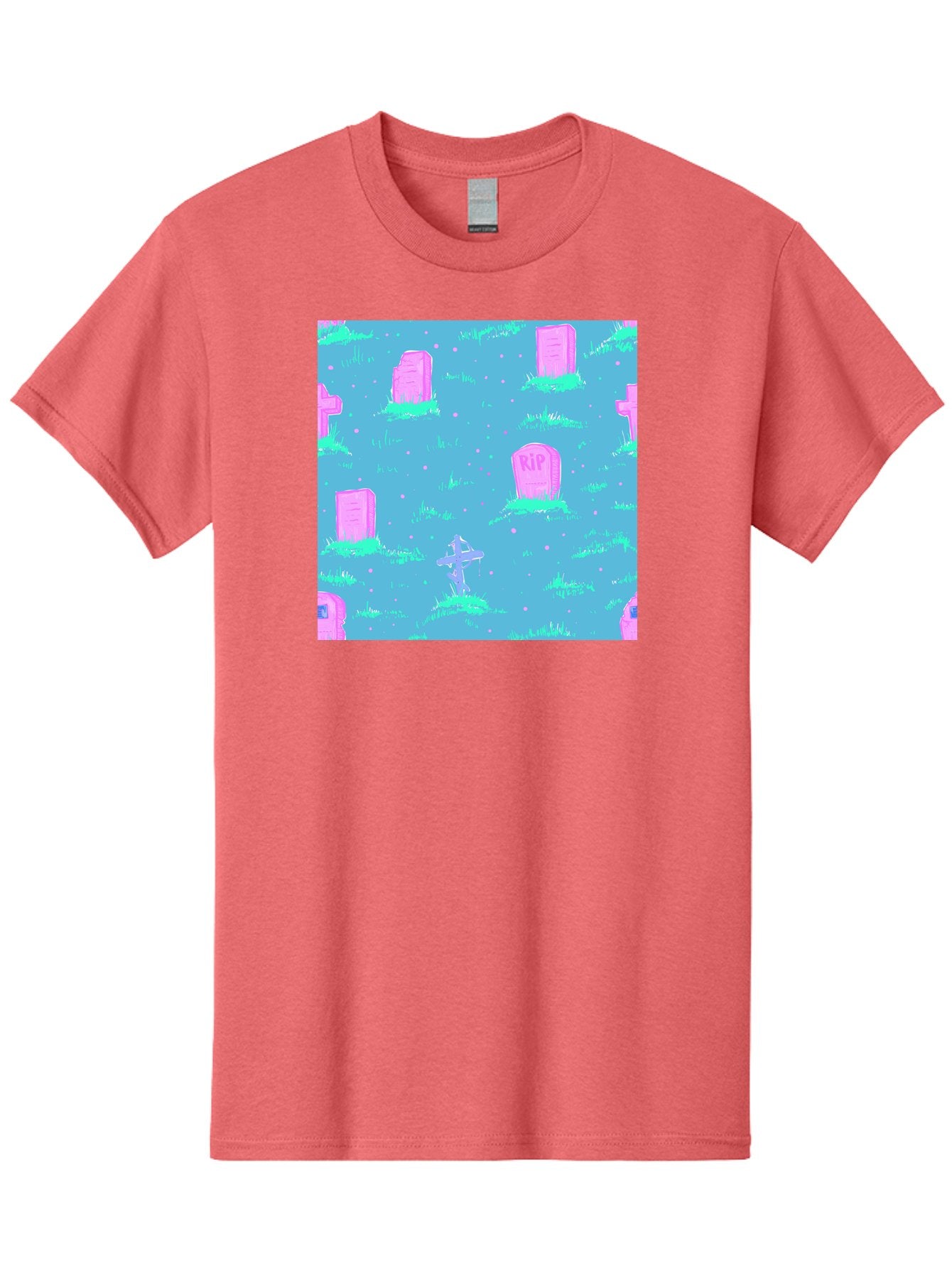 Graveyard-Pattern Men'S Graphic Tee, 100% Cotton, Comfortable Casual Summer Wear, Machine Washable, Tombstones With Rip, Graveyard Scene, Pastel Pink Headstones, Grassy Burial Grounds, Spooky Ambiance, Eerie Atmosphere, Ghostly Vibes, Aac395