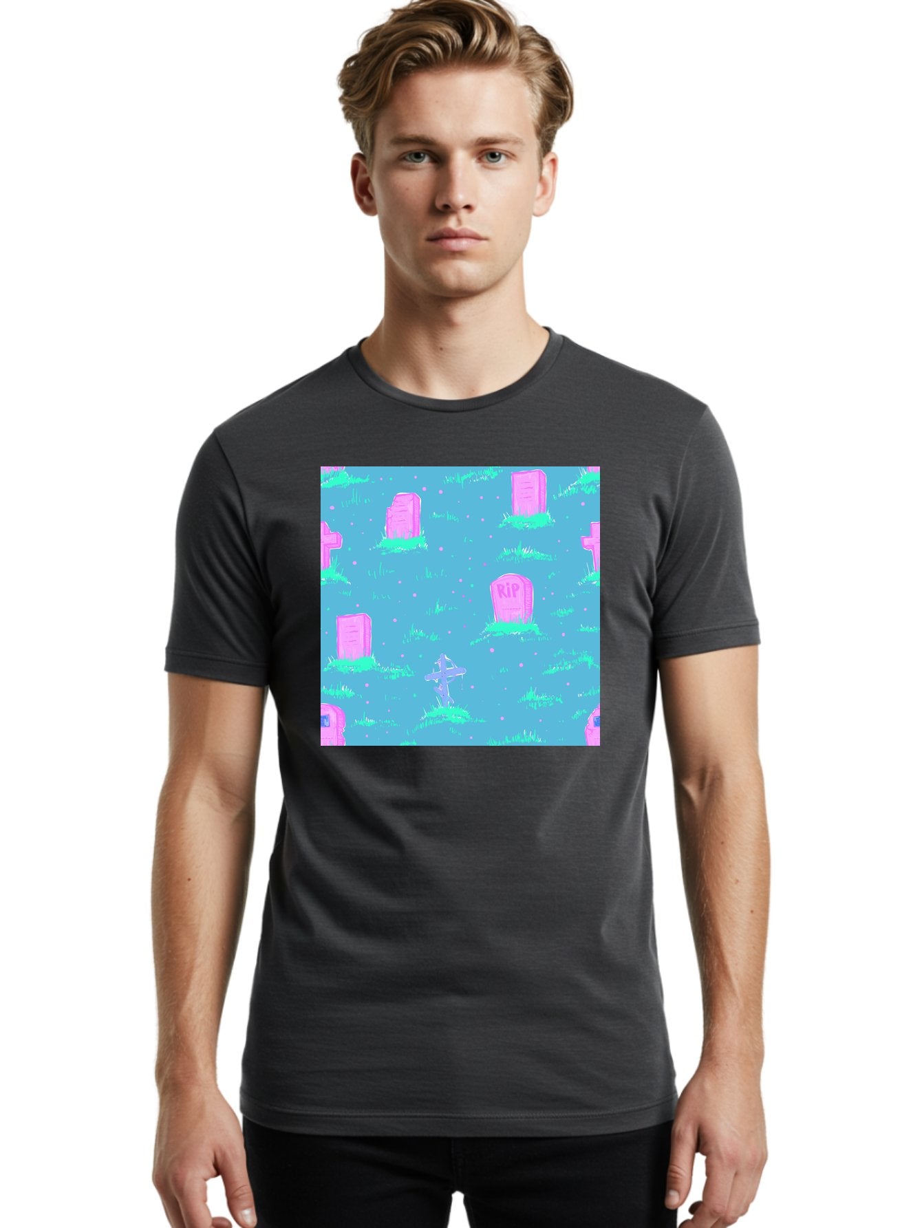 Graveyard-Pattern Men'S Graphic Tee, 100% Cotton, Comfortable Casual Summer Wear, Machine Washable, Tombstones With Rip, Graveyard Scene, Pastel Pink Headstones, Grassy Burial Grounds, Spooky Ambiance, Eerie Atmosphere, Ghostly Vibes, Aac395 18