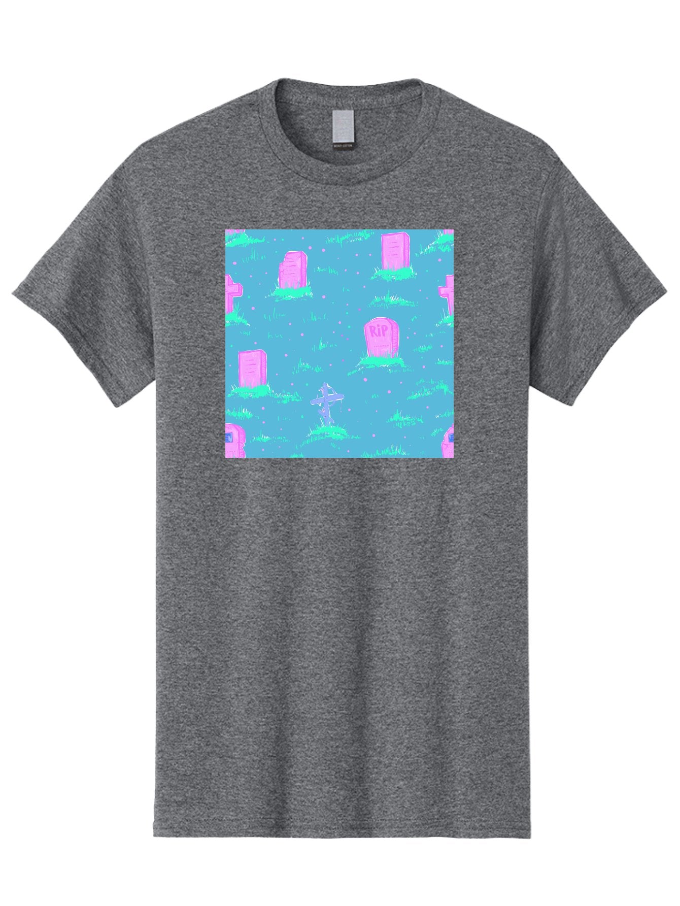 Graveyard-Pattern Men'S Graphic Tee, 100% Cotton, Comfortable Casual Summer Wear, Machine Washable, Tombstones With Rip, Graveyard Scene, Pastel Pink Headstones, Grassy Burial Grounds, Spooky Ambiance, Eerie Atmosphere, Ghostly Vibes, Aac395 15