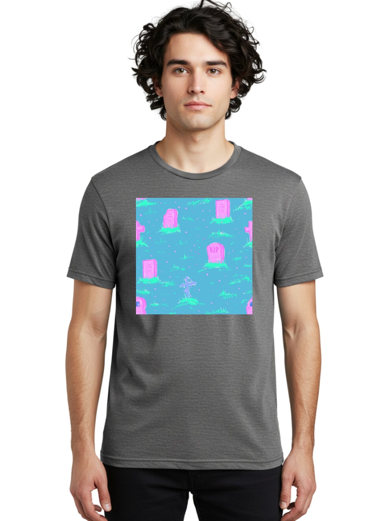 Graveyard-Pattern Men'S Graphic Tee, 100% Cotton, Comfortable Casual Summer Wear, Machine Washable, Tombstones With Rip, Graveyard Scene, Pastel Pink Headstones, Grassy Burial Grounds, Spooky Ambiance, Eerie Atmosphere, Ghostly Vibes, Aac395 30