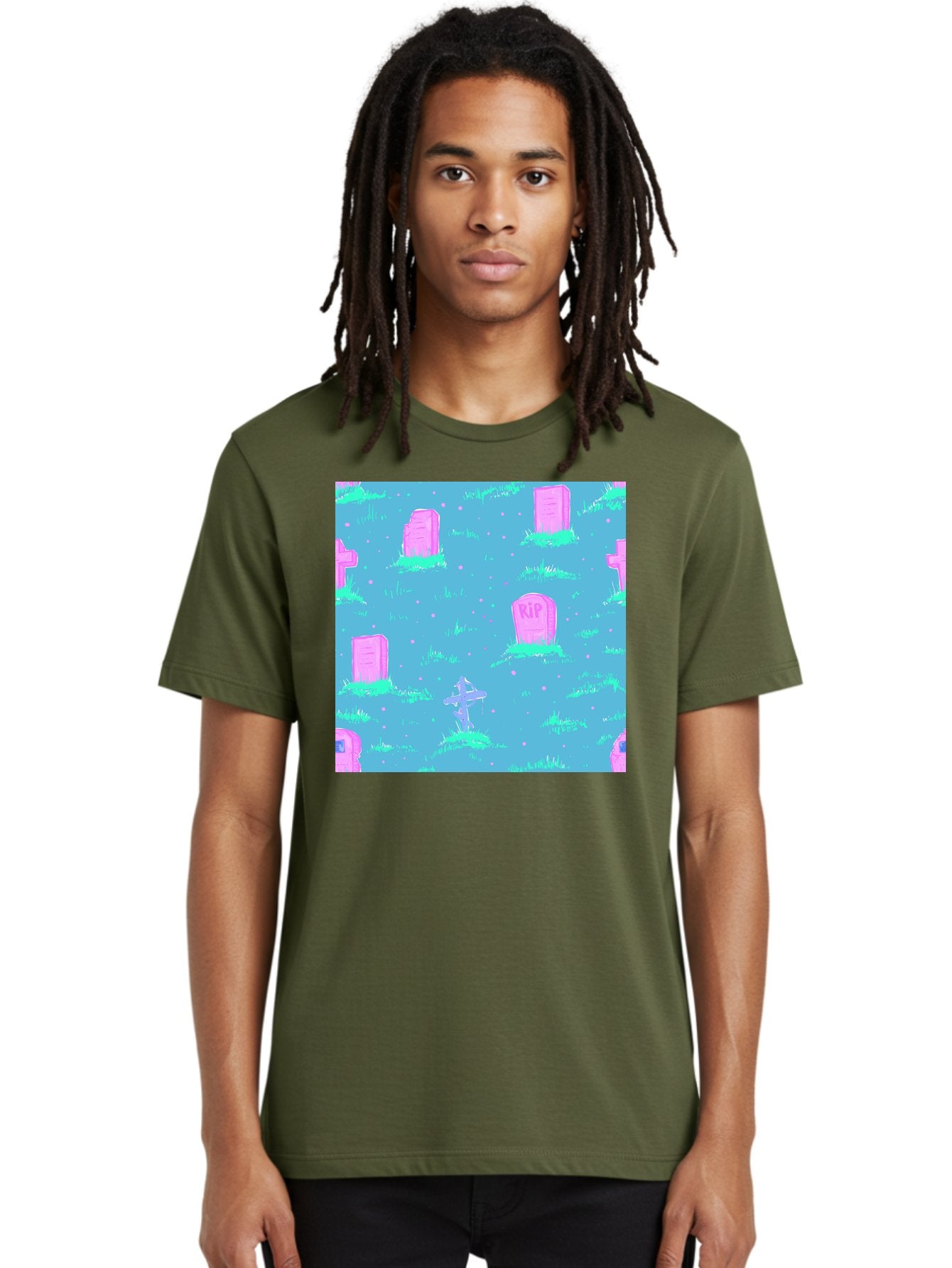 Graveyard-Pattern Men'S Graphic Tee, 100% Cotton, Comfortable Casual Summer Wear, Machine Washable, Tombstones With Rip, Graveyard Scene, Pastel Pink Headstones, Grassy Burial Grounds, Spooky Ambiance, Eerie Atmosphere, Ghostly Vibes, Aac395 16