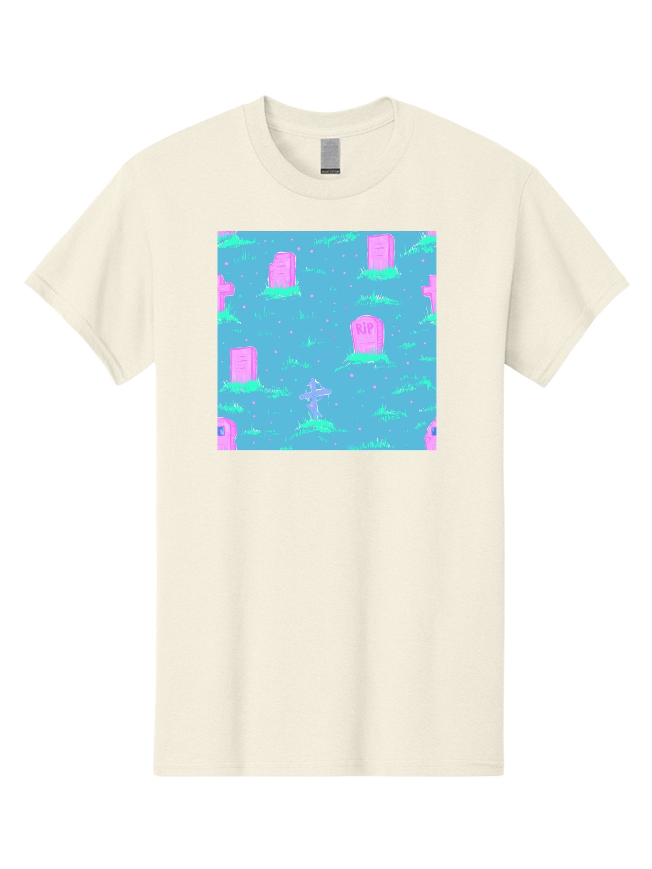 Graveyard-Pattern Men'S Graphic Tee, 100% Cotton, Comfortable Casual Summer Wear, Machine Washable, Tombstones With Rip, Graveyard Scene, Pastel Pink Headstones, Grassy Burial Grounds, Spooky Ambiance, Eerie Atmosphere, Ghostly Vibes, Aac395 3