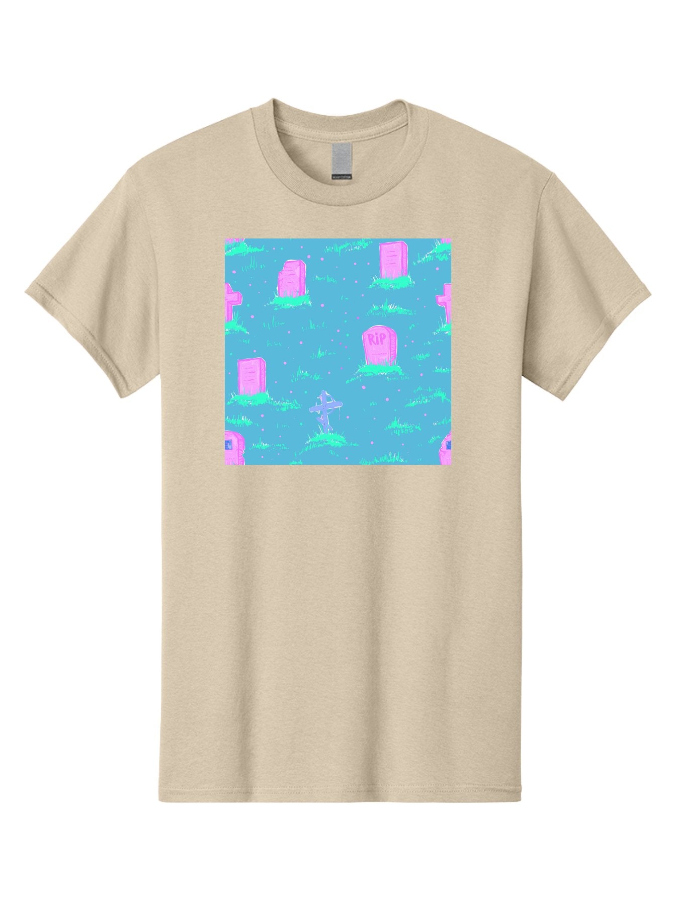 Graveyard-Pattern Men'S Graphic Tee, 100% Cotton, Comfortable Casual Summer Wear, Machine Washable, Tombstones With Rip, Graveyard Scene, Pastel Pink Headstones, Grassy Burial Grounds, Spooky Ambiance, Eerie Atmosphere, Ghostly Vibes, Aac395 9