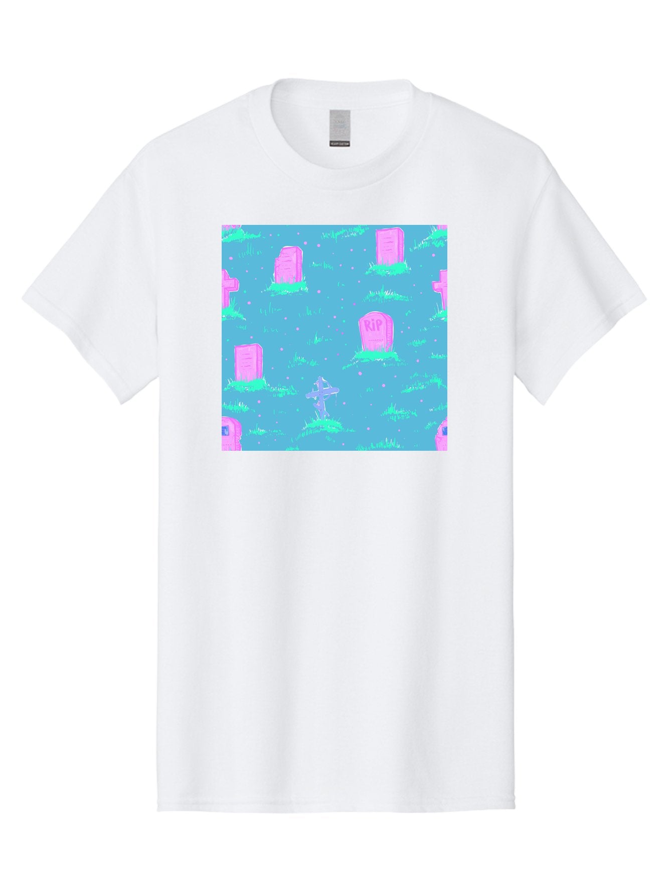 Graveyard-Pattern Men'S Graphic Tee, 100% Cotton, Comfortable Casual Summer Wear, Machine Washable, Tombstones With Rip, Graveyard Scene, Pastel Pink Headstones, Grassy Burial Grounds, Spooky Ambiance, Eerie Atmosphere, Ghostly Vibes, Aac395 6