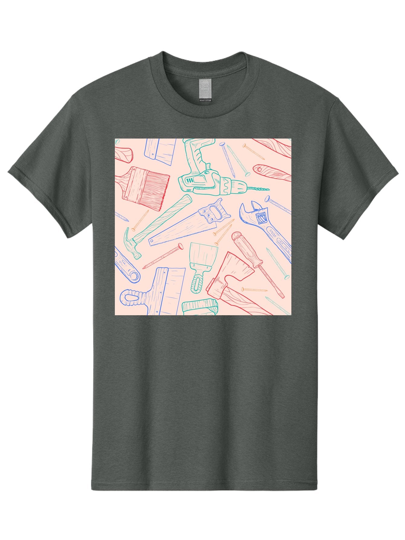 Hand-Tools Men'S Graphic Tee, 100% Cotton, Comfortable Casual Summer Wear, Machine Washable, Hand Tools, Diy Equipment, Construction Tools, Hammer, Screwdrivers, Pliers, Saws, Wrenches, Paintbrushes, Rollers, Hand-Drawn Illustrations, Aac396 5