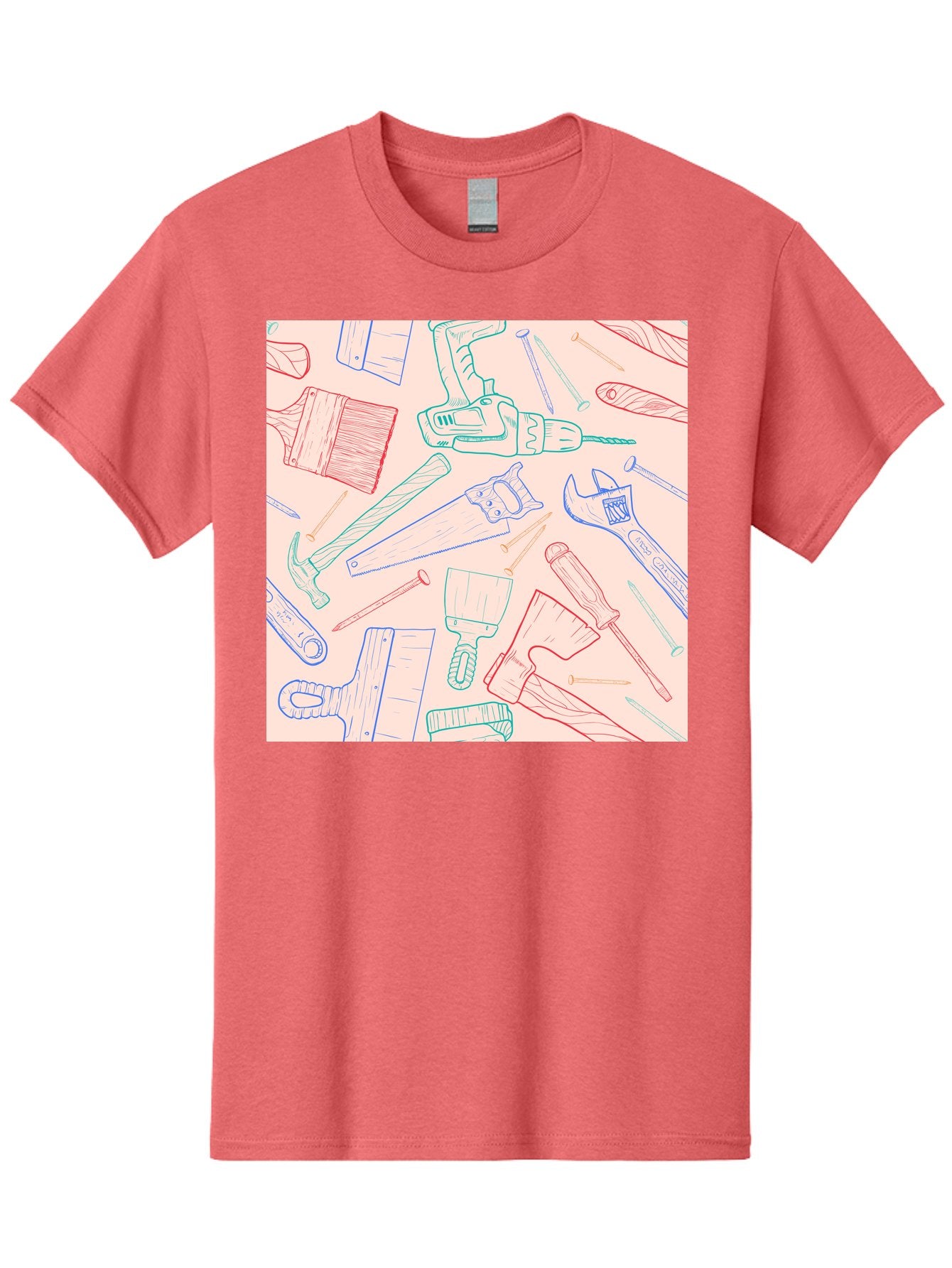 Hand-Tools Men'S Graphic Tee, 100% Cotton, Comfortable Casual Summer Wear, Machine Washable, Hand Tools, Diy Equipment, Construction Tools, Hammer, Screwdrivers, Pliers, Saws, Wrenches, Paintbrushes, Rollers, Hand-Drawn Illustrations, Aac396 15