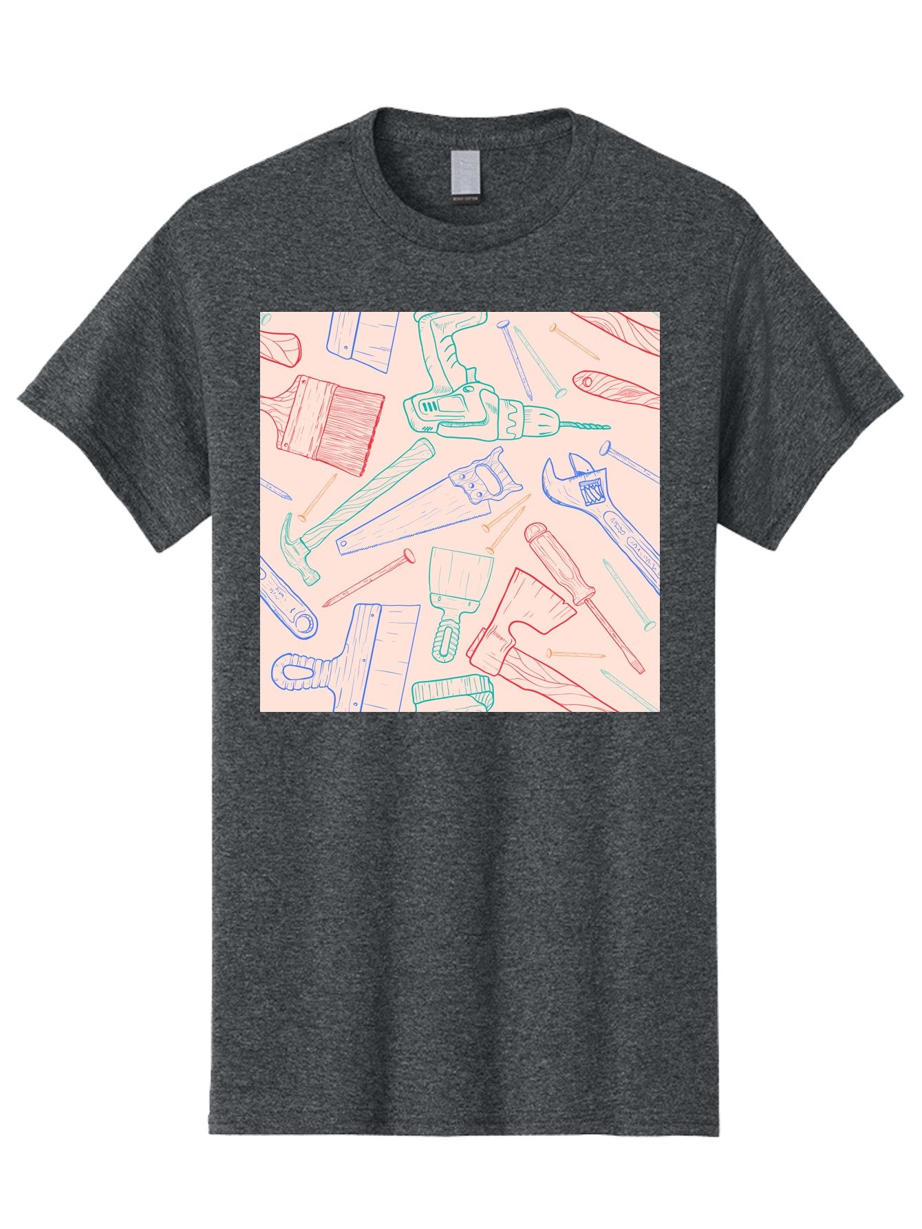 Hand-Tools Men'S Graphic Tee, 100% Cotton, Comfortable Casual Summer Wear, Machine Washable, Hand Tools, Diy Equipment, Construction Tools, Hammer, Screwdrivers, Pliers, Saws, Wrenches, Paintbrushes, Rollers, Hand-Drawn Illustrations, Aac396 13