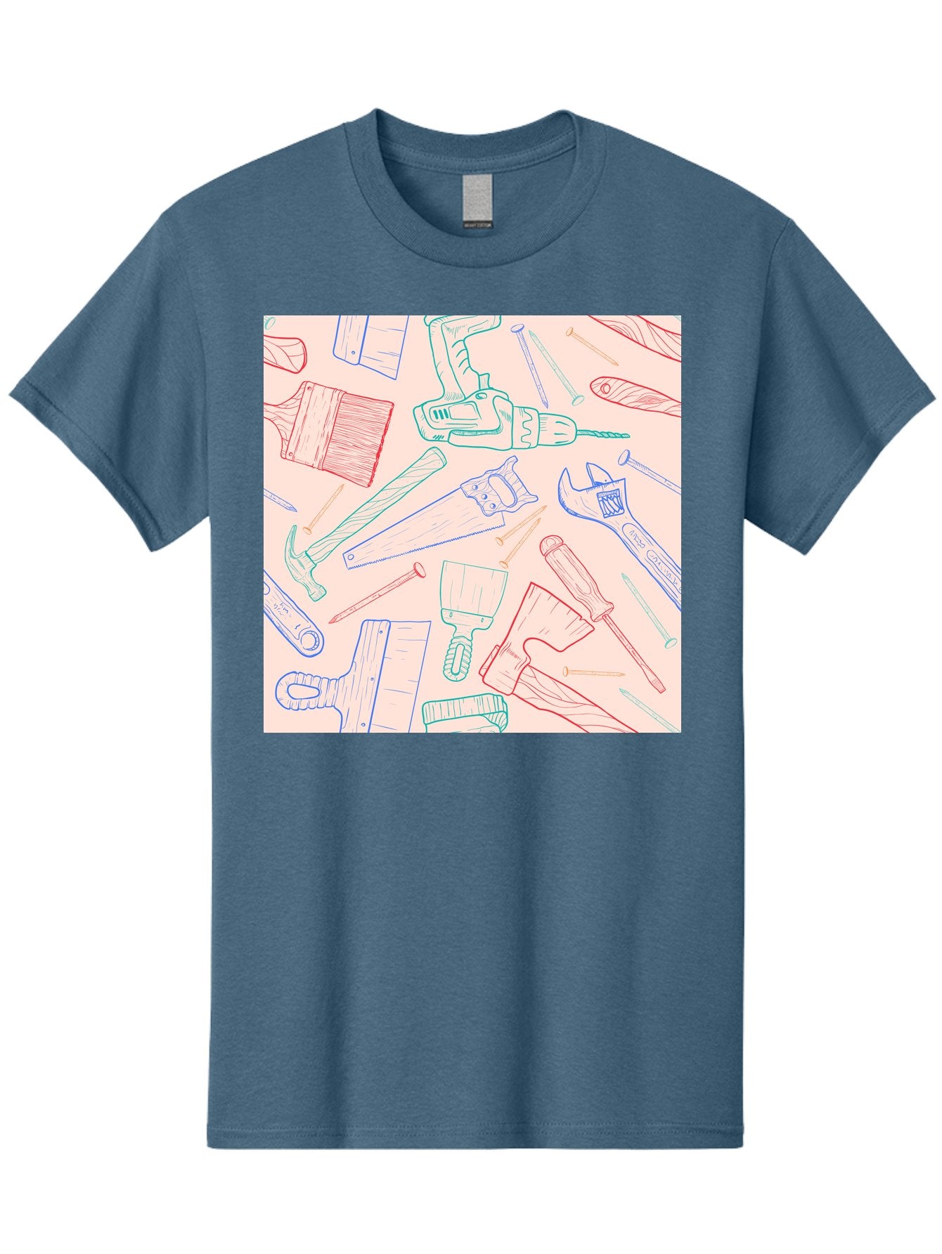 Hand-Tools Men'S Graphic Tee, 100% Cotton, Comfortable Casual Summer Wear, Machine Washable, Hand Tools, Diy Equipment, Construction Tools, Hammer, Screwdrivers, Pliers, Saws, Wrenches, Paintbrushes, Rollers, Hand-Drawn Illustrations, Aac396 10