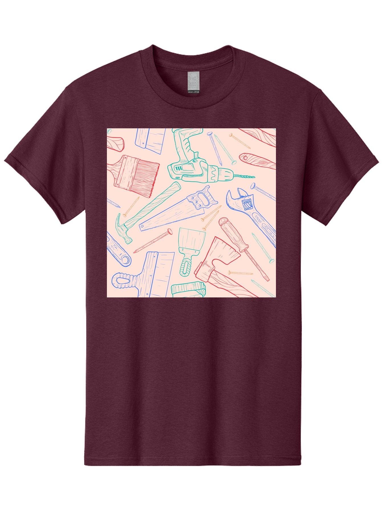 Hand-Tools Men'S Graphic Tee, 100% Cotton, Comfortable Casual Summer Wear, Machine Washable, Hand Tools, Diy Equipment, Construction Tools, Hammer, Screwdrivers, Pliers, Saws, Wrenches, Paintbrushes, Rollers, Hand-Drawn Illustrations, Aac396 8