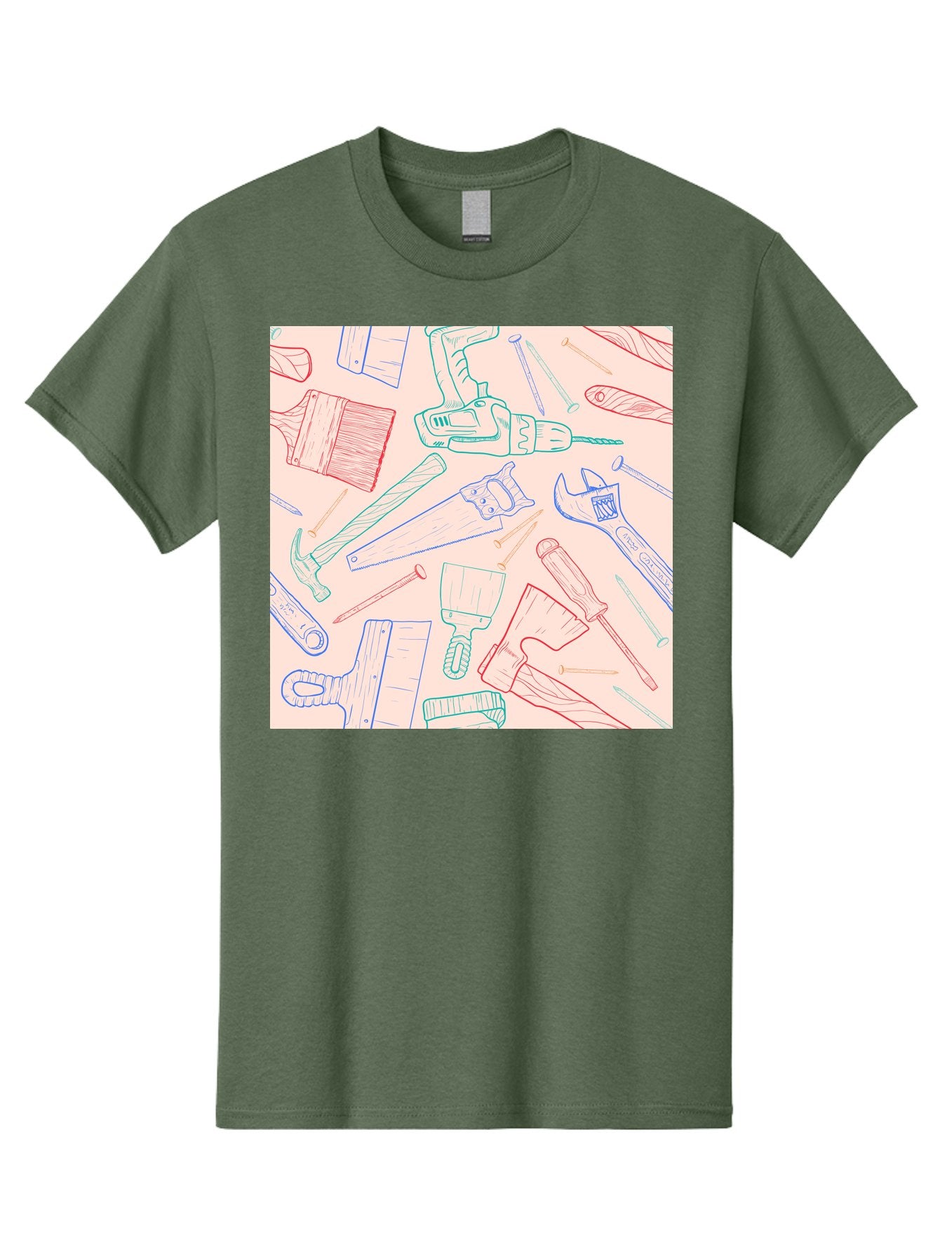 Hand-Tools Men'S Graphic Tee, 100% Cotton, Comfortable Casual Summer Wear, Machine Washable, Hand Tools, Diy Equipment, Construction Tools, Hammer, Screwdrivers, Pliers, Saws, Wrenches, Paintbrushes, Rollers, Hand-Drawn Illustrations, Aac396 12