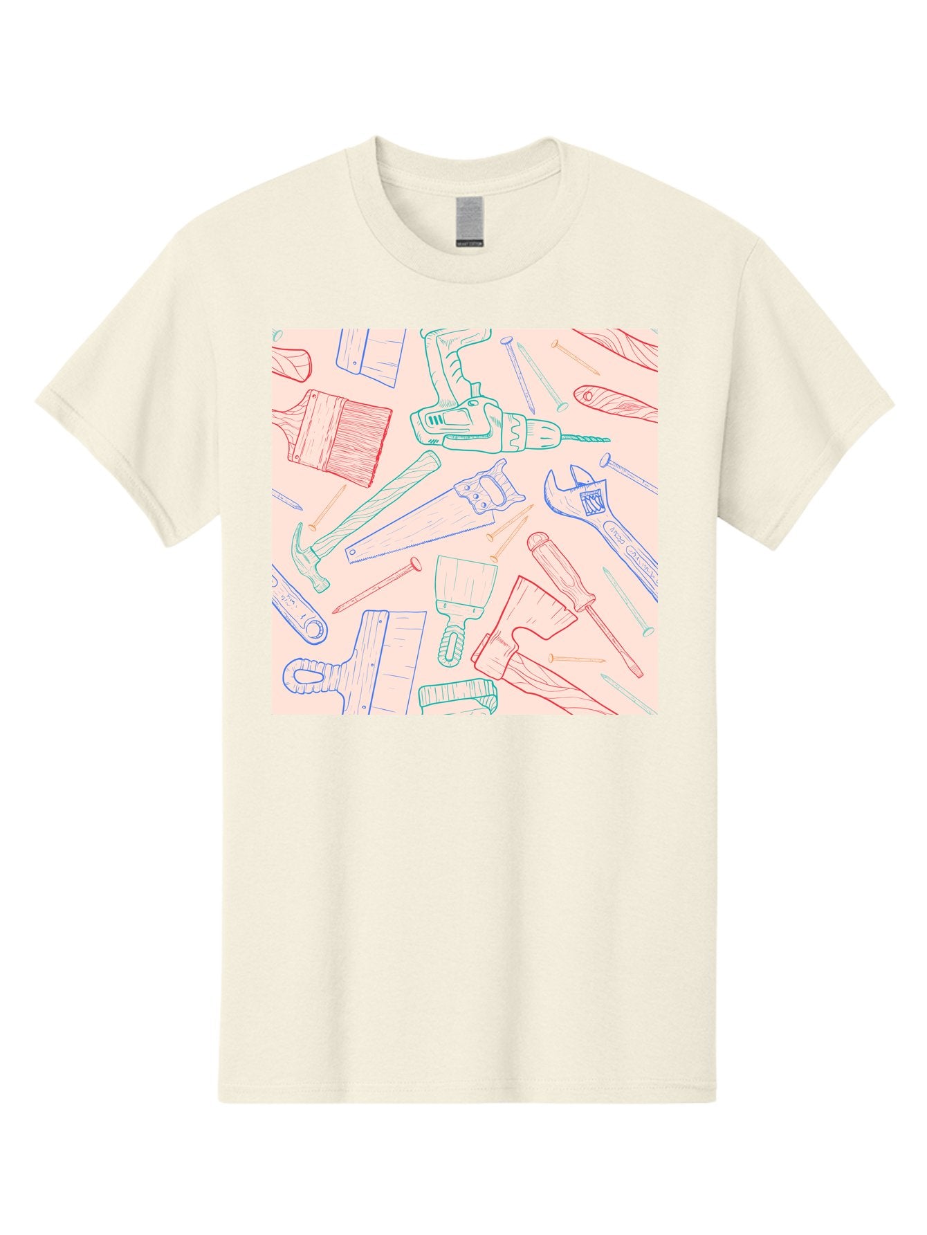 Hand-Tools Men'S Graphic Tee, 100% Cotton, Comfortable Casual Summer Wear, Machine Washable, Hand Tools, Diy Equipment, Construction Tools, Hammer, Screwdrivers, Pliers, Saws, Wrenches, Paintbrushes, Rollers, Hand-Drawn Illustrations, Aac396 9