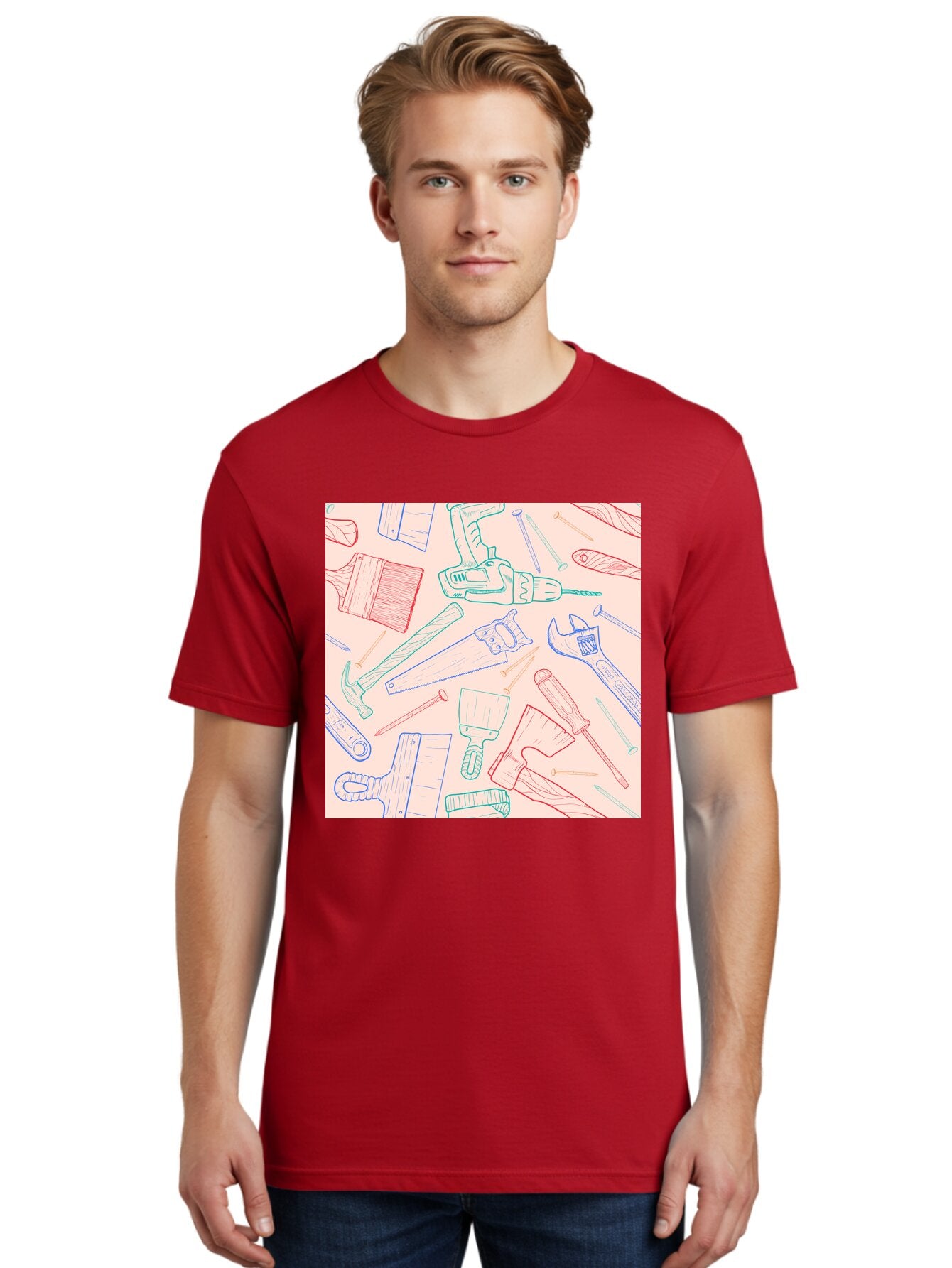 Hand-Tools Men'S Graphic Tee, 100% Cotton, Comfortable Casual Summer Wear, Machine Washable, Hand Tools, Diy Equipment, Construction Tools, Hammer, Screwdrivers, Pliers, Saws, Wrenches, Paintbrushes, Rollers, Hand-Drawn Illustrations, Aac396 29