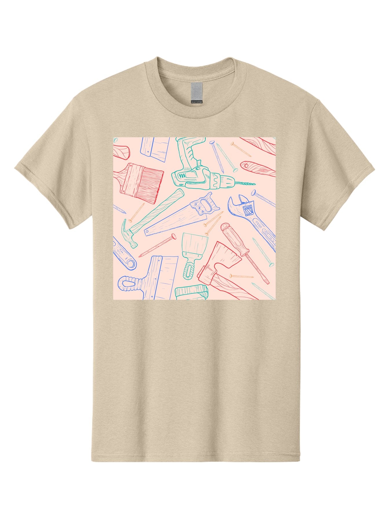 Hand-Tools Men'S Graphic Tee, 100% Cotton, Comfortable Casual Summer Wear, Machine Washable, Hand Tools, Diy Equipment, Construction Tools, Hammer, Screwdrivers, Pliers, Saws, Wrenches, Paintbrushes, Rollers, Hand-Drawn Illustrations, Aac396 11