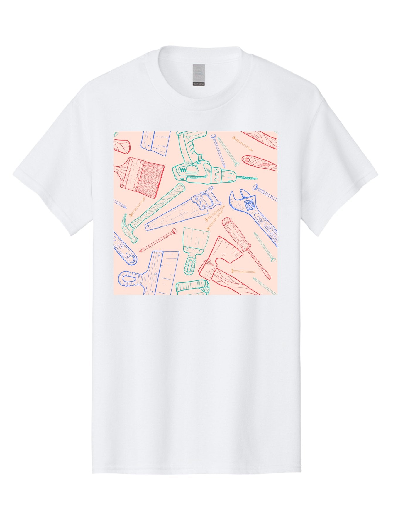 Hand-Tools Men'S Graphic Tee, 100% Cotton, Comfortable Casual Summer Wear, Machine Washable, Hand Tools, Diy Equipment, Construction Tools, Hammer, Screwdrivers, Pliers, Saws, Wrenches, Paintbrushes, Rollers, Hand-Drawn Illustrations, Aac396 7