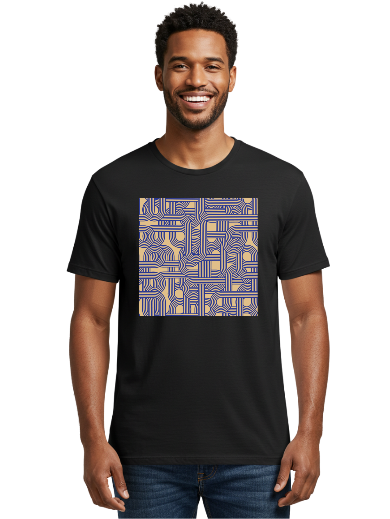 Interconnected-Lines Men'S Graphic Tee, 100% Cotton, Comfortable Casual Summer Wear, Machine Washable, Geometric Pattern, Abstract Design, Intricate Details, Blue And Yellow Colors, Modern Art, Seamless Texture, Repeating Shapes, Aac397 8