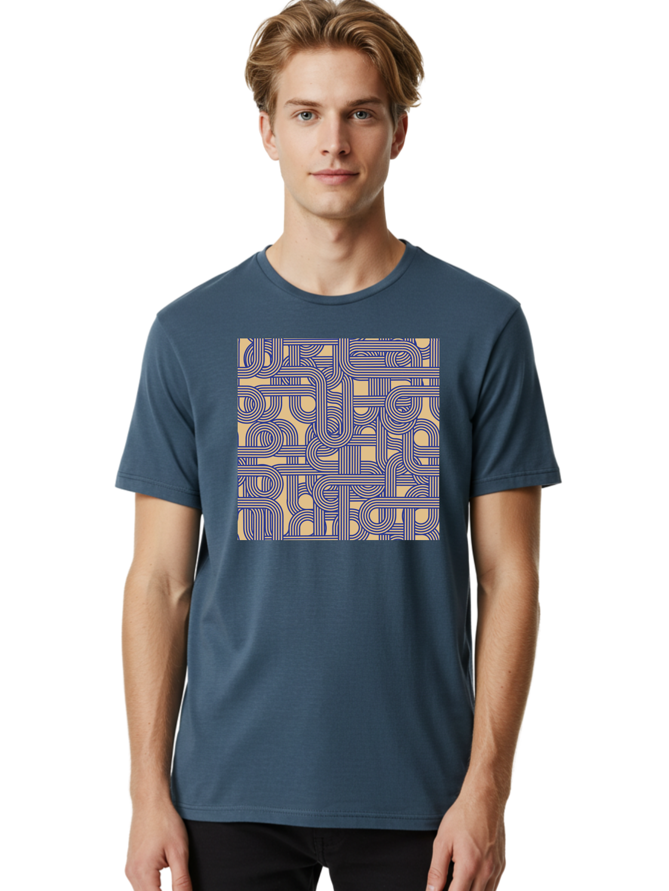 Interconnected-Lines Men'S Graphic Tee, 100% Cotton, Comfortable Casual Summer Wear, Machine Washable, Geometric Pattern, Abstract Design, Intricate Details, Blue And Yellow Colors, Modern Art, Seamless Texture, Repeating Shapes, Aac397 4