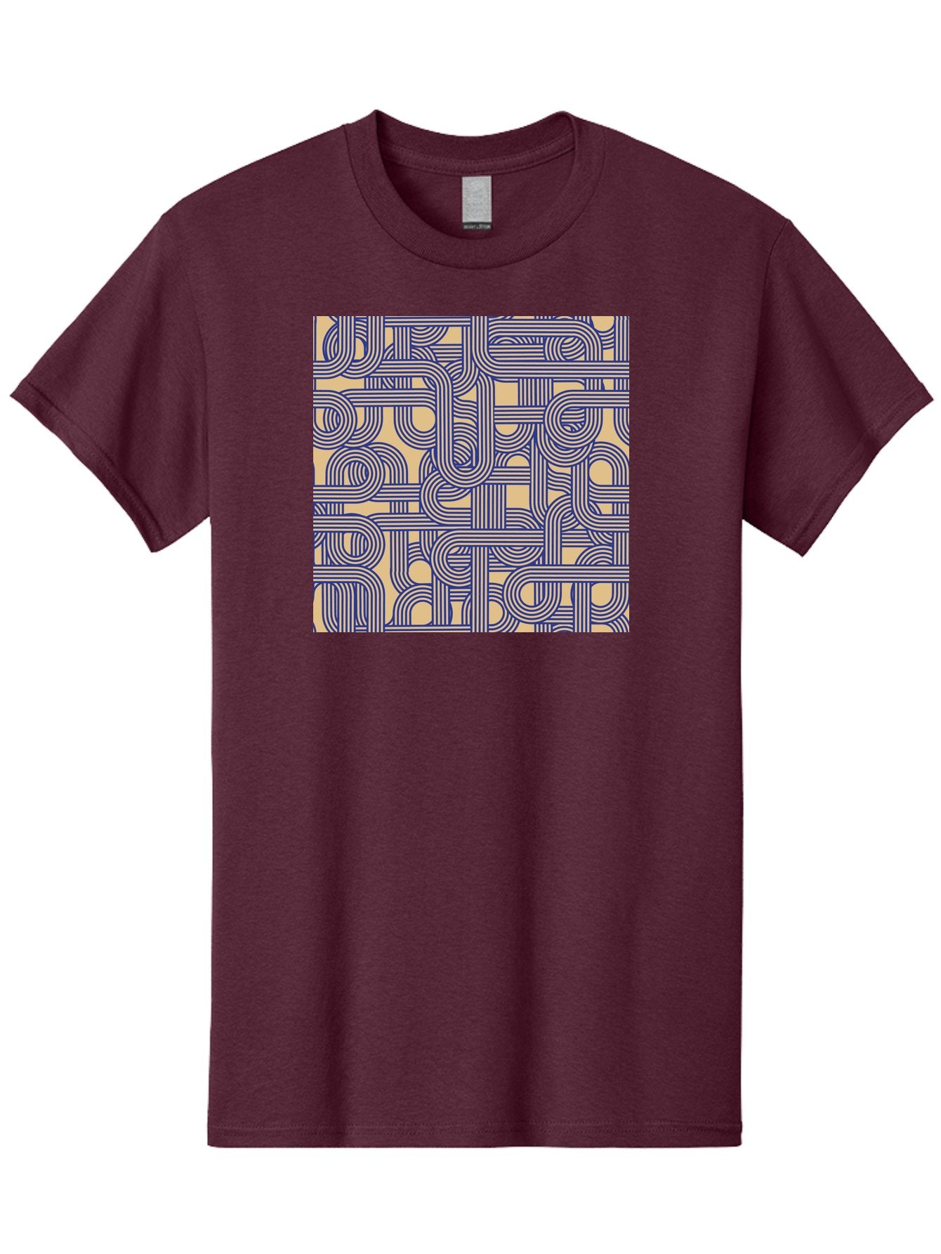 Interconnected-Lines Men'S Graphic Tee, 100% Cotton, Comfortable Casual Summer Wear, Machine Washable, Geometric Pattern, Abstract Design, Intricate Details, Blue And Yellow Colors, Modern Art, Seamless Texture, Repeating Shapes, Aac397