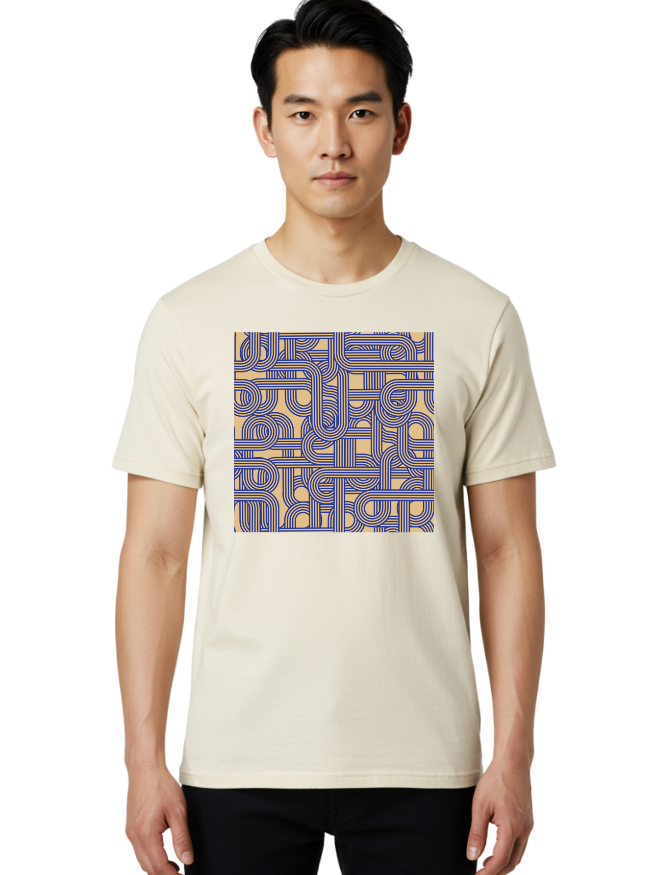 Interconnected-Lines Men'S Graphic Tee, 100% Cotton, Comfortable Casual Summer Wear, Machine Washable, Geometric Pattern, Abstract Design, Intricate Details, Blue And Yellow Colors, Modern Art, Seamless Texture, Repeating Shapes, Aac397 26