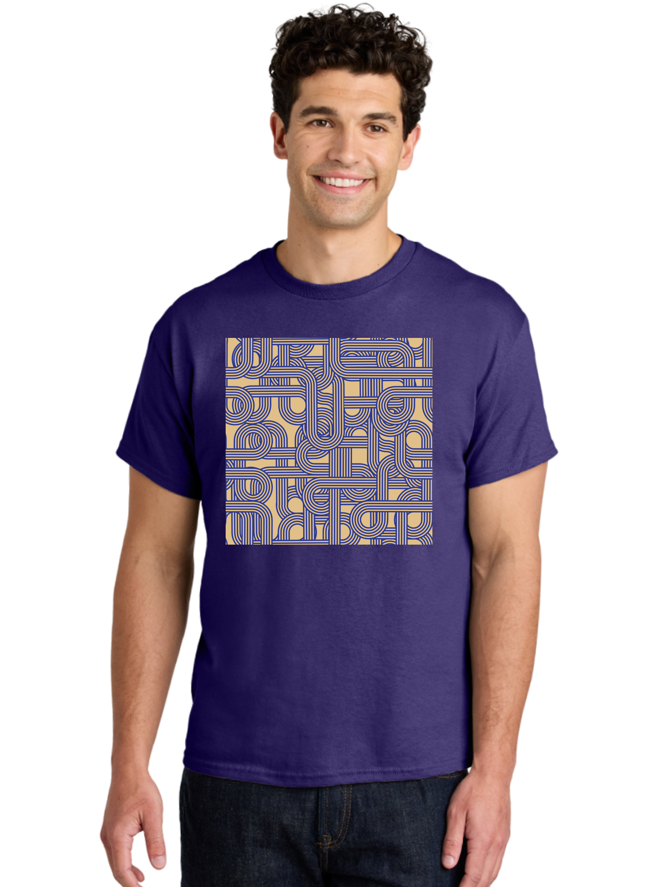 Interconnected-Lines Men'S Graphic Tee, 100% Cotton, Comfortable Casual Summer Wear, Machine Washable, Geometric Pattern, Abstract Design, Intricate Details, Blue And Yellow Colors, Modern Art, Seamless Texture, Repeating Shapes, Aac397