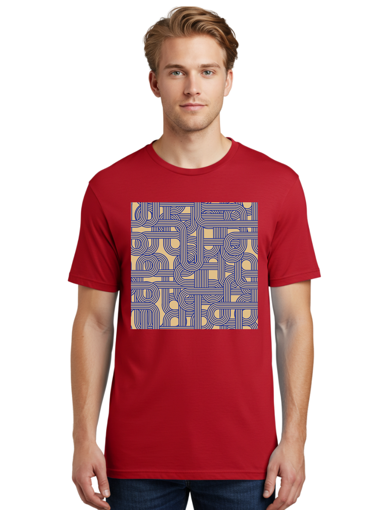 Interconnected-Lines Men'S Graphic Tee, 100% Cotton, Comfortable Casual Summer Wear, Machine Washable, Geometric Pattern, Abstract Design, Intricate Details, Blue And Yellow Colors, Modern Art, Seamless Texture, Repeating Shapes, Aac397 18