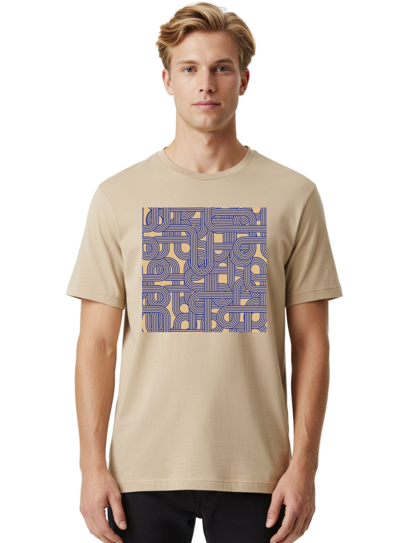 Interconnected-Lines Men'S Graphic Tee, 100% Cotton, Comfortable Casual Summer Wear, Machine Washable, Geometric Pattern, Abstract Design, Intricate Details, Blue And Yellow Colors, Modern Art, Seamless Texture, Repeating Shapes, Aac397 28
