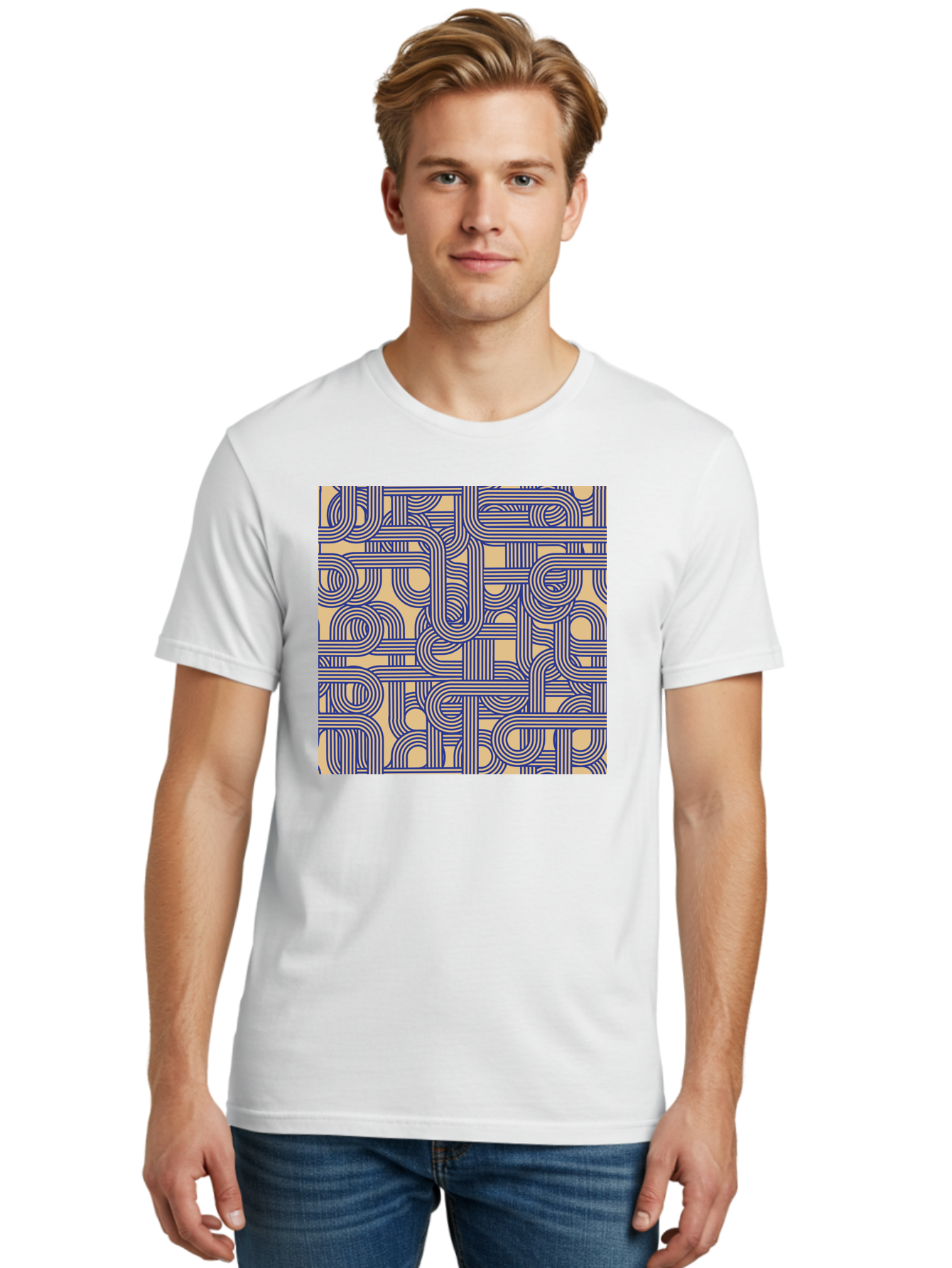 Interconnected-Lines Men'S Graphic Tee, 100% Cotton, Comfortable Casual Summer Wear, Machine Washable, Geometric Pattern, Abstract Design, Intricate Details, Blue And Yellow Colors, Modern Art, Seamless Texture, Repeating Shapes, Aac397 10