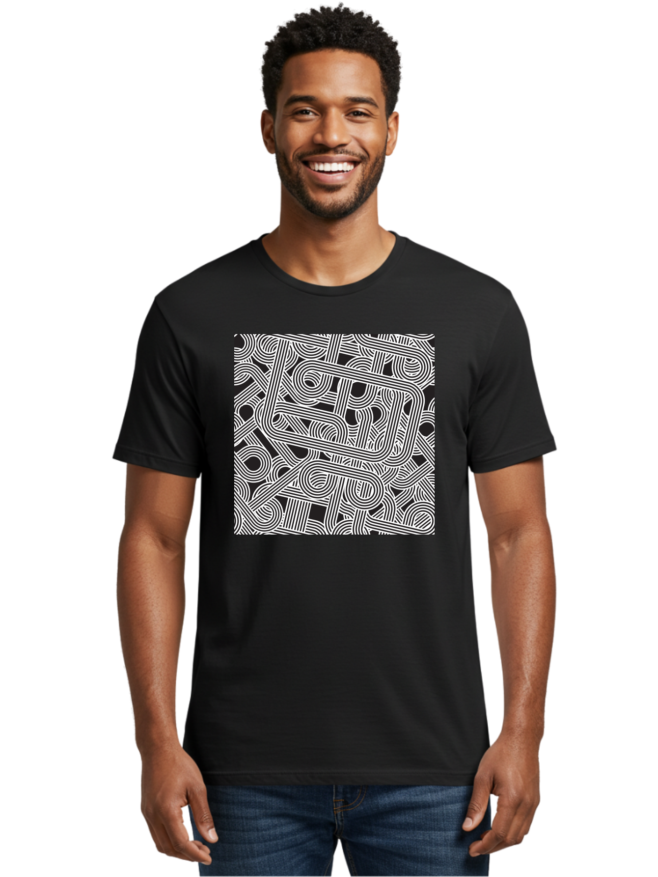 Interconnected-Loops Men'S Graphic Tee, 100% Cotton, Comfortable Casual Summer Wear, Machine Washable, Abstract Pattern, Interconnected Lines, Geometric Shapes, Black And White Design, Modern Art, Optical Illusion, Intricate Details, Aac398 24