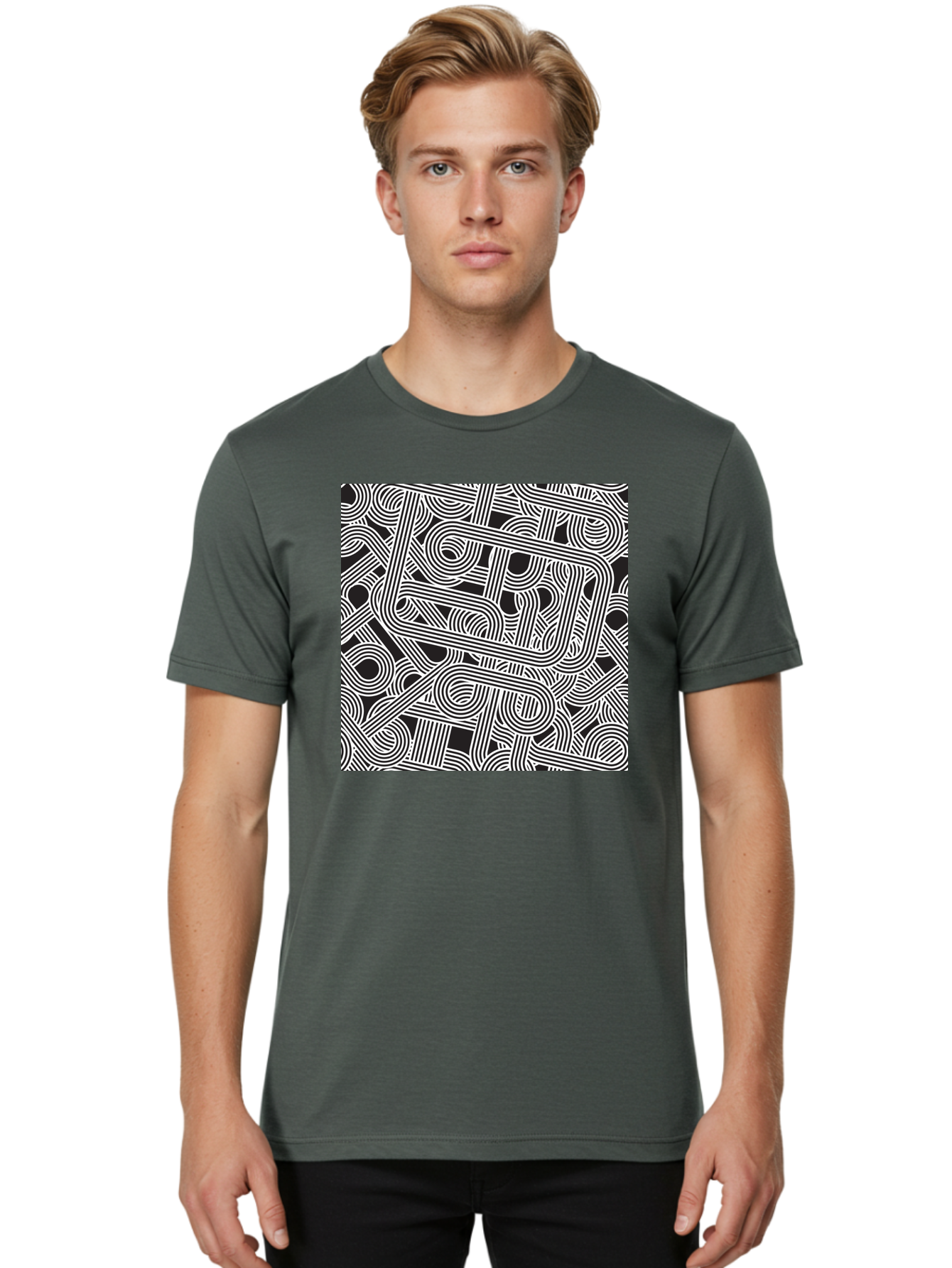 Interconnected-Loops Men'S Graphic Tee, 100% Cotton, Comfortable Casual Summer Wear, Machine Washable, Abstract Pattern, Interconnected Lines, Geometric Shapes, Black And White Design, Modern Art, Optical Illusion, Intricate Details, Aac398 12