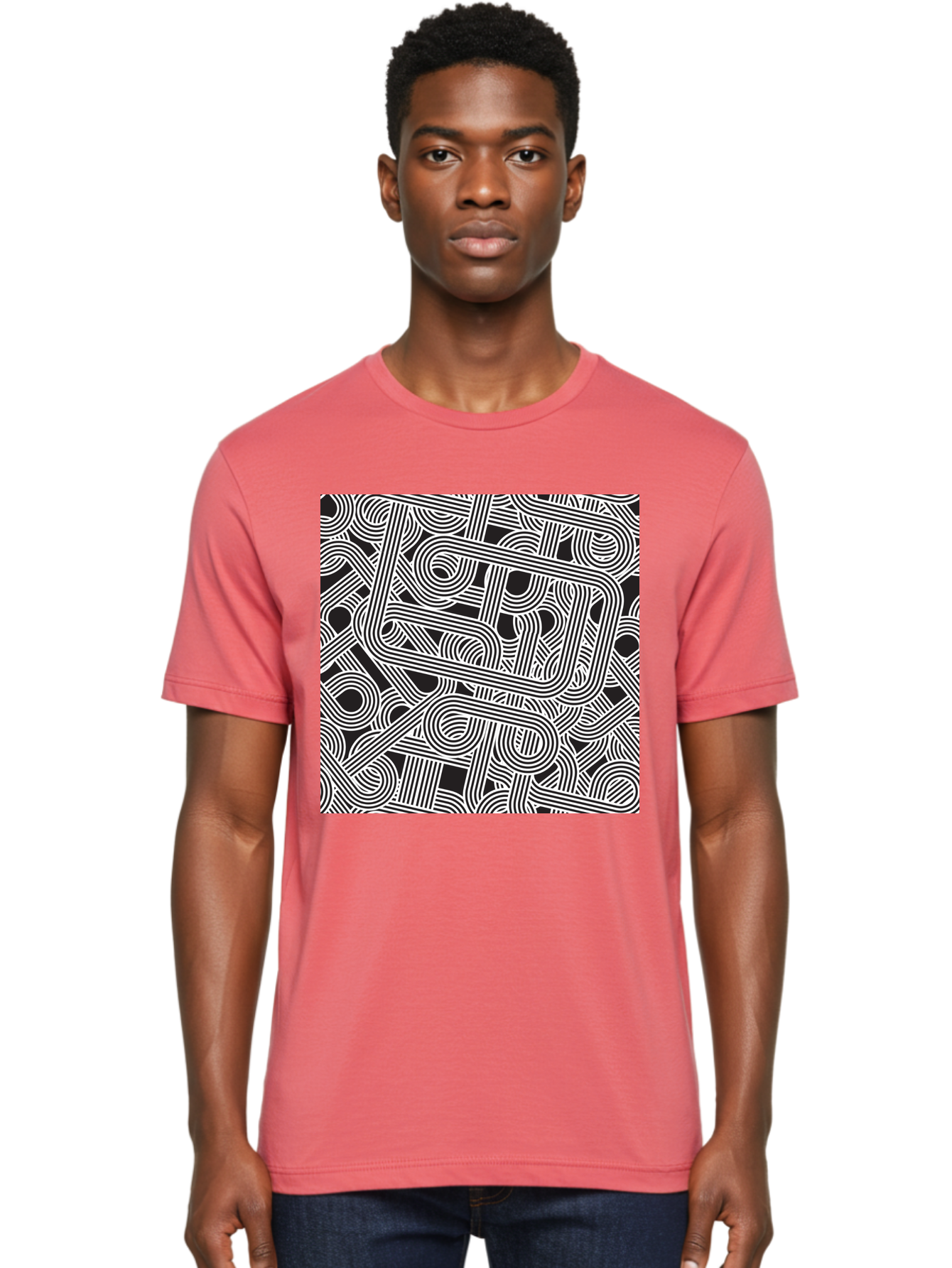 Interconnected-Loops Men'S Graphic Tee, 100% Cotton, Comfortable Casual Summer Wear, Machine Washable, Abstract Pattern, Interconnected Lines, Geometric Shapes, Black And White Design, Modern Art, Optical Illusion, Intricate Details, Aac398 10