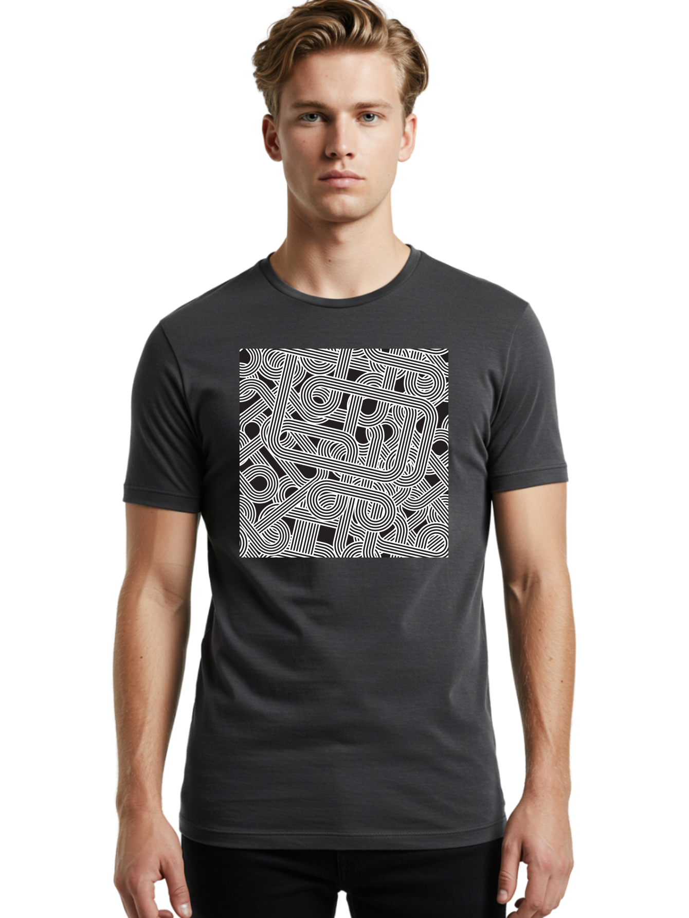 Interconnected-Loops Men'S Graphic Tee, 100% Cotton, Comfortable Casual Summer Wear, Machine Washable, Abstract Pattern, Interconnected Lines, Geometric Shapes, Black And White Design, Modern Art, Optical Illusion, Intricate Details, Aac398 18
