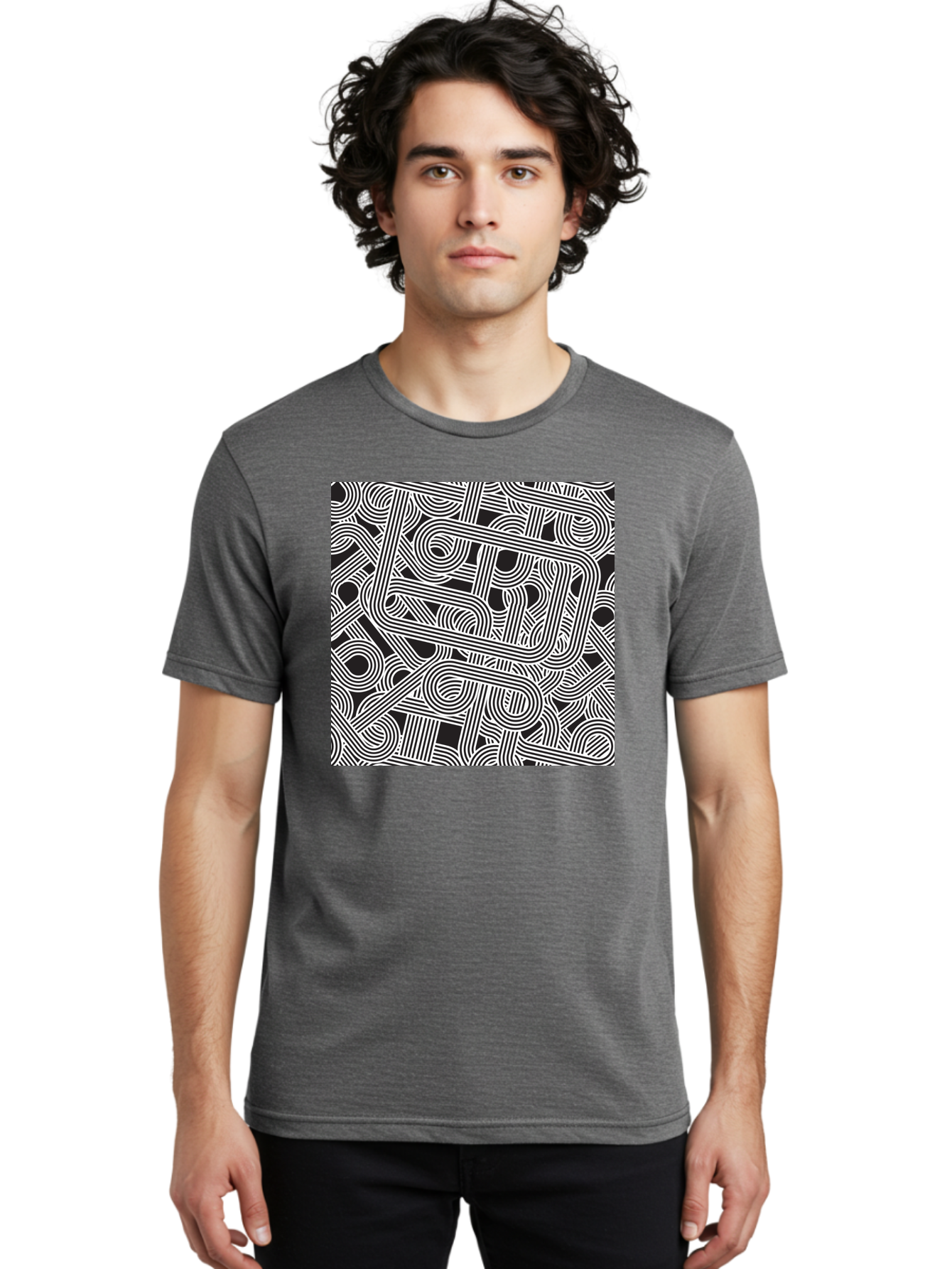 Interconnected-Loops Men'S Graphic Tee, 100% Cotton, Comfortable Casual Summer Wear, Machine Washable, Abstract Pattern, Interconnected Lines, Geometric Shapes, Black And White Design, Modern Art, Optical Illusion, Intricate Details, Aac398 4