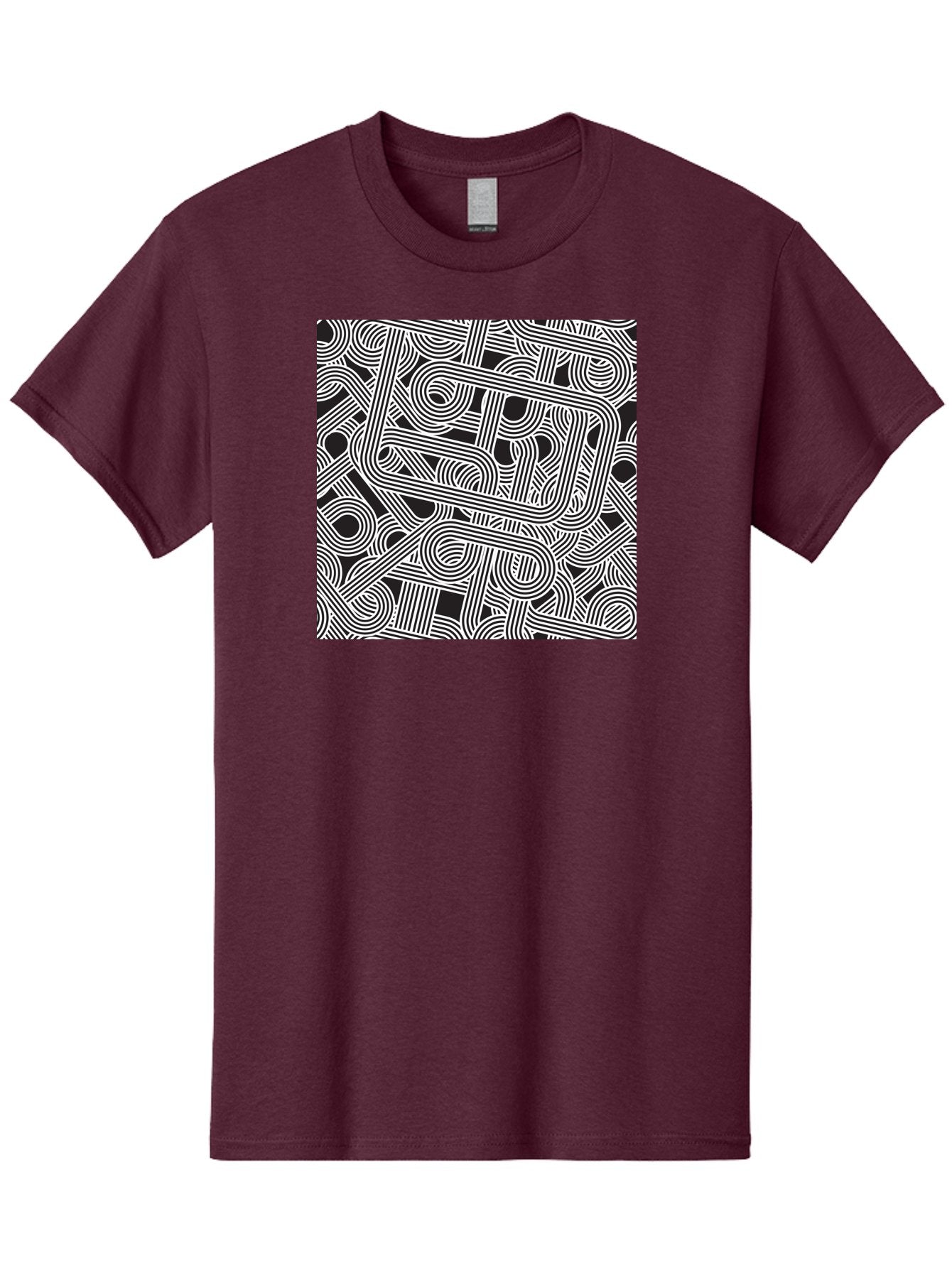 Interconnected-Loops Men'S Graphic Tee, 100% Cotton, Comfortable Casual Summer Wear, Machine Washable, Abstract Pattern, Interconnected Lines, Geometric Shapes, Black And White Design, Modern Art, Optical Illusion, Intricate Details, Aac398