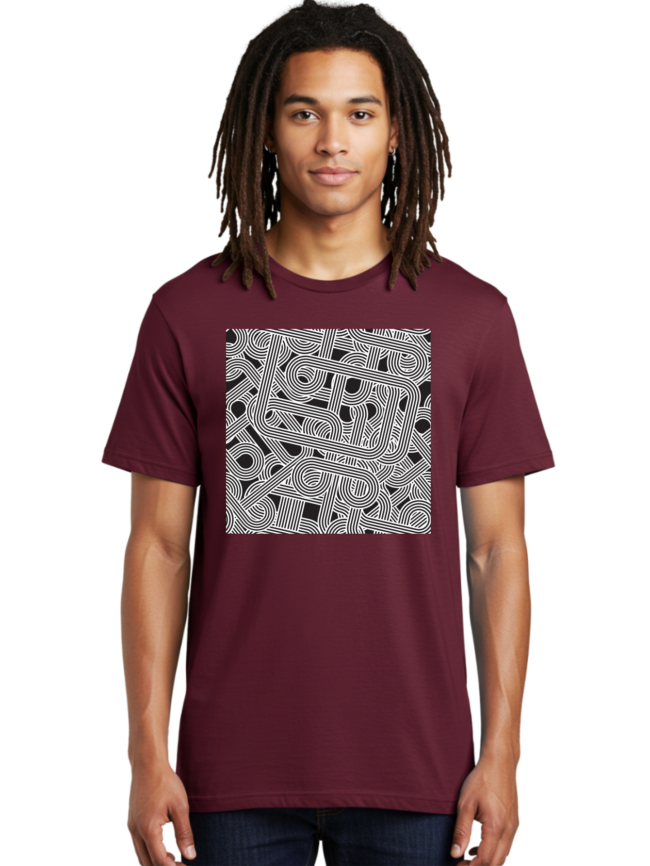 Interconnected-Loops Men'S Graphic Tee, 100% Cotton, Comfortable Casual Summer Wear, Machine Washable, Abstract Pattern, Interconnected Lines, Geometric Shapes, Black And White Design, Modern Art, Optical Illusion, Intricate Details, Aac398 22