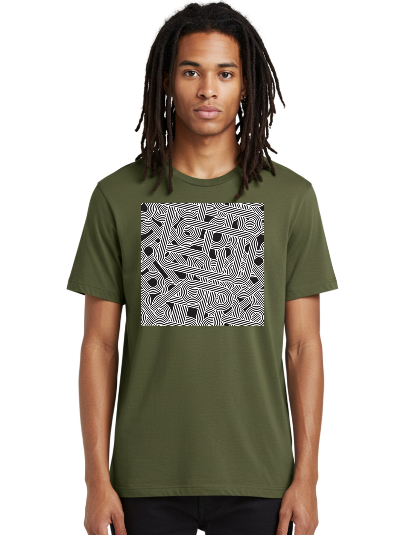 Interconnected-Loops Men'S Graphic Tee, 100% Cotton, Comfortable Casual Summer Wear, Machine Washable, Abstract Pattern, Interconnected Lines, Geometric Shapes, Black And White Design, Modern Art, Optical Illusion, Intricate Details, Aac398 6