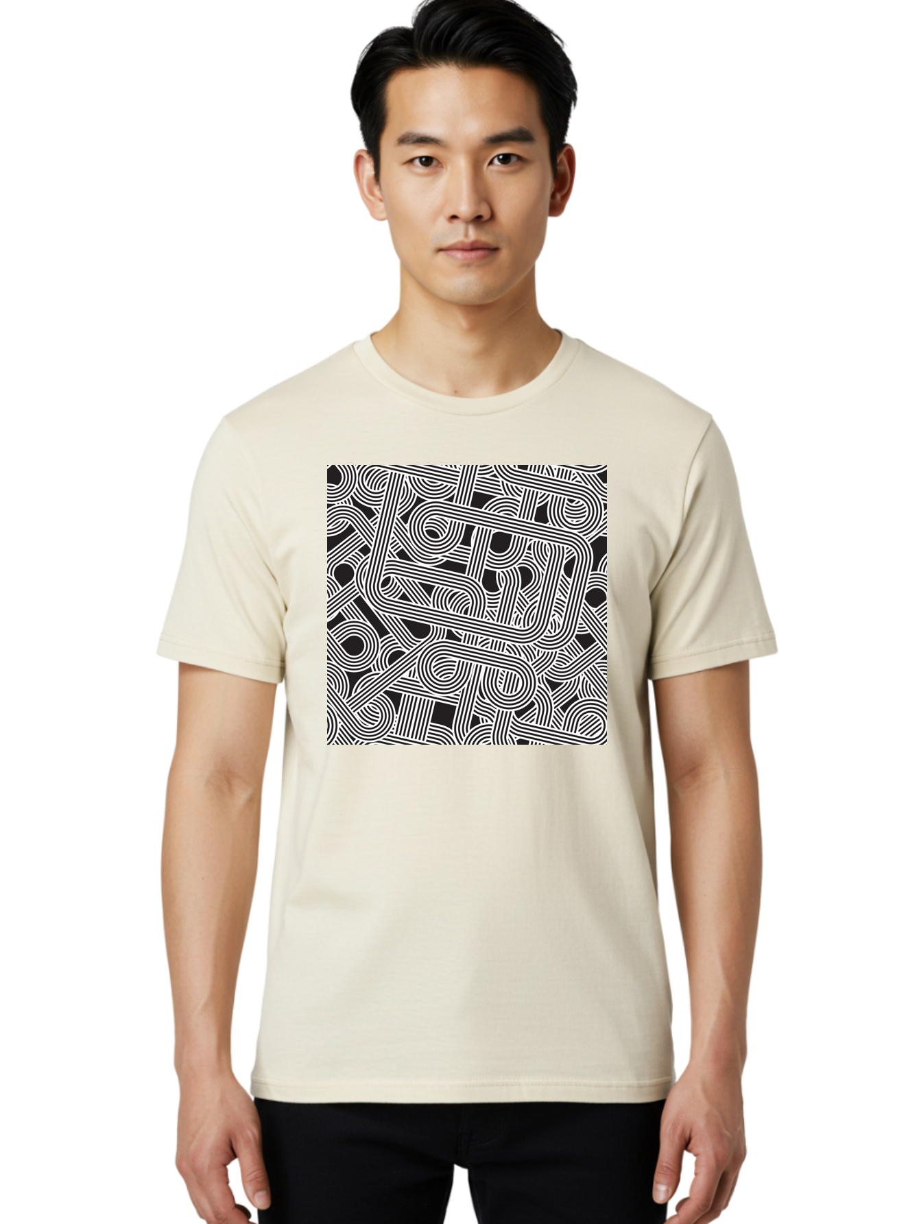 Interconnected-Loops Men'S Graphic Tee, 100% Cotton, Comfortable Casual Summer Wear, Machine Washable, Abstract Pattern, Interconnected Lines, Geometric Shapes, Black And White Design, Modern Art, Optical Illusion, Intricate Details, Aac398 26