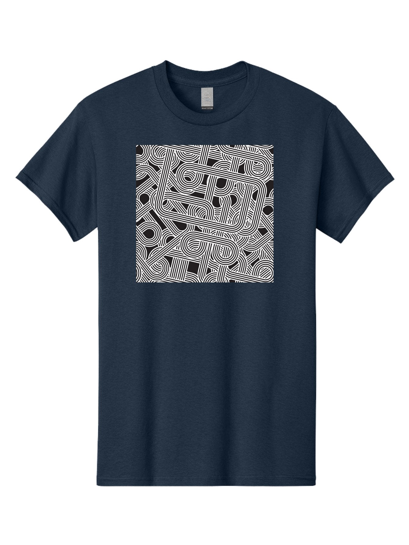 Interconnected-Loops Men'S Graphic Tee, 100% Cotton, Comfortable Casual Summer Wear, Machine Washable, Abstract Pattern, Interconnected Lines, Geometric Shapes, Black And White Design, Modern Art, Optical Illusion, Intricate Details, Aac398